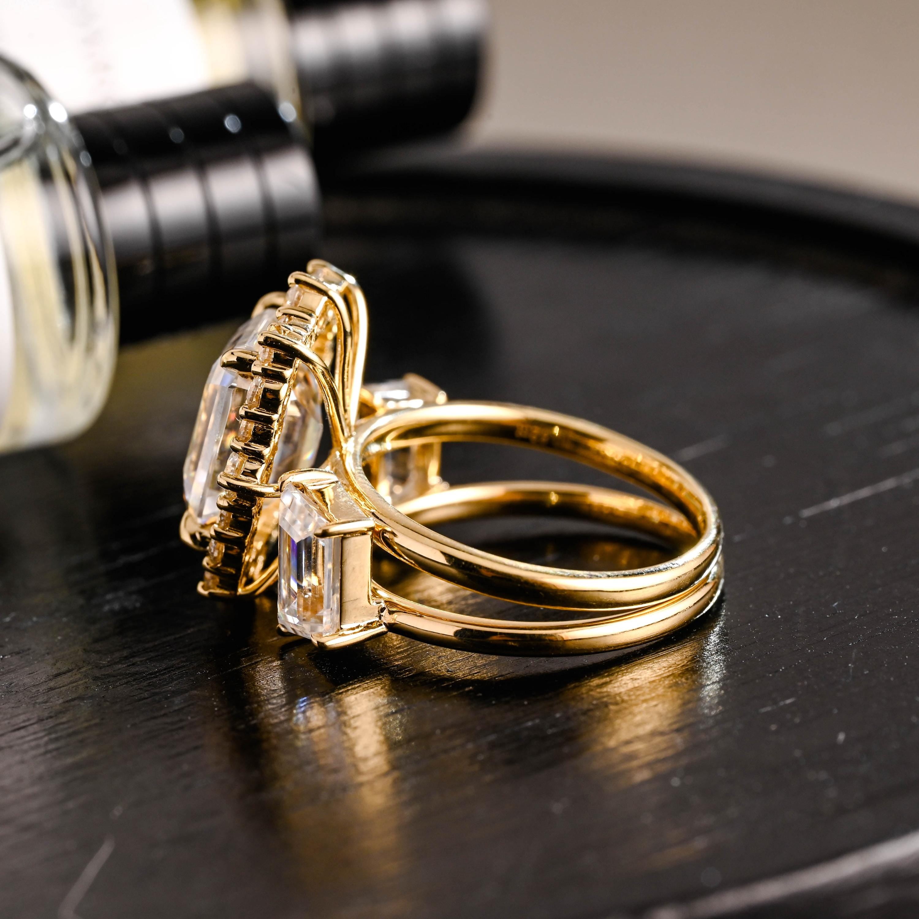 Solid Gold Emerald Cut Moissanite Engagement Ring Set, Bridal Set, Trapezoid Cut Wedding Band