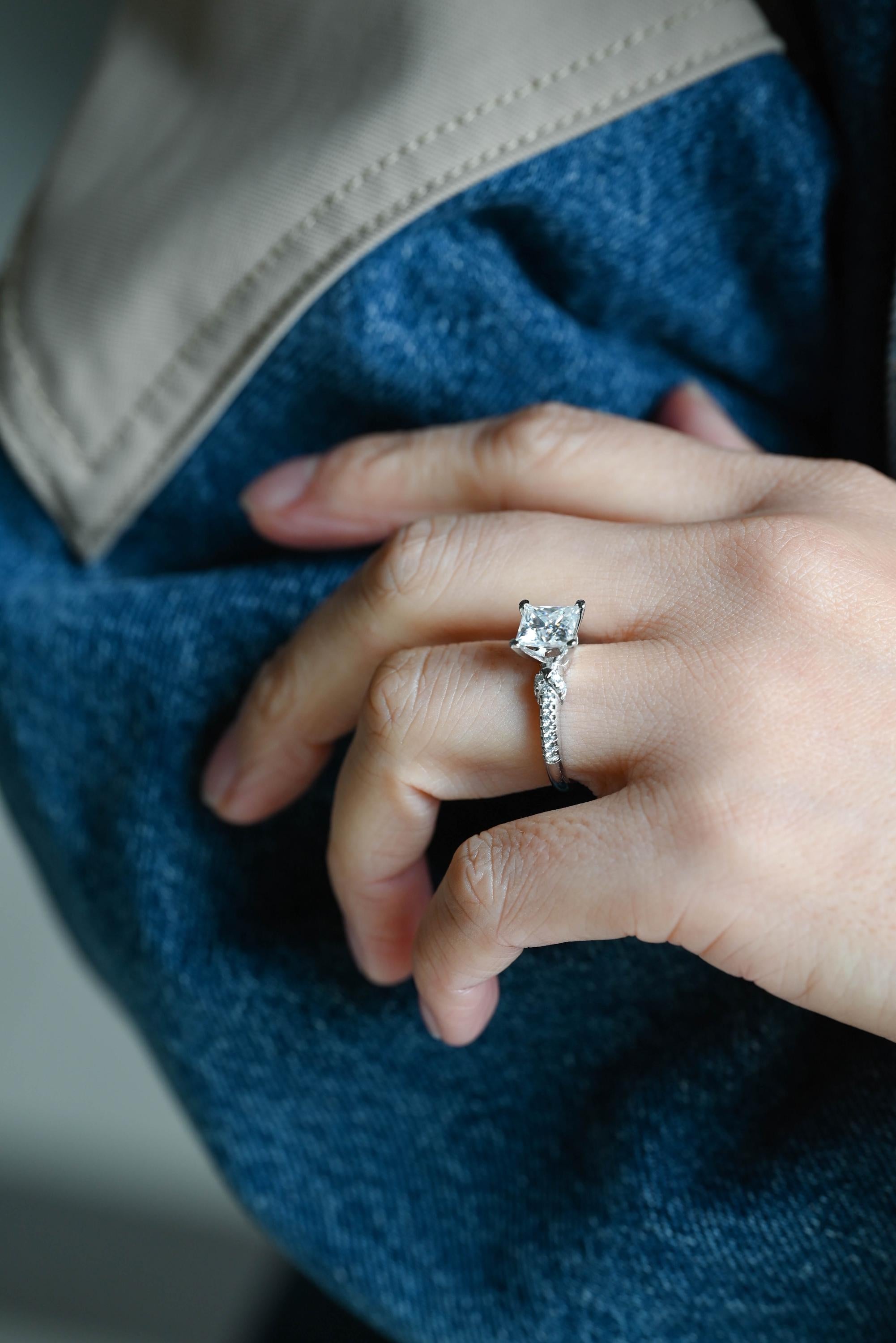 Solid Gold Princess Cut Moissanite Engagement Ring, Anniversary Gift Birthday Gift for Women Wife