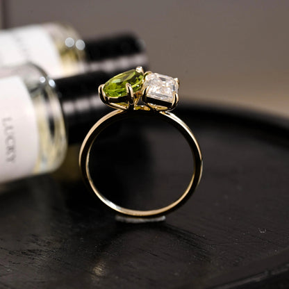 Solid Gold Toi et Moi Emerald Cut Moissanite & Pear Lab Grown Peridot Engagement Ring