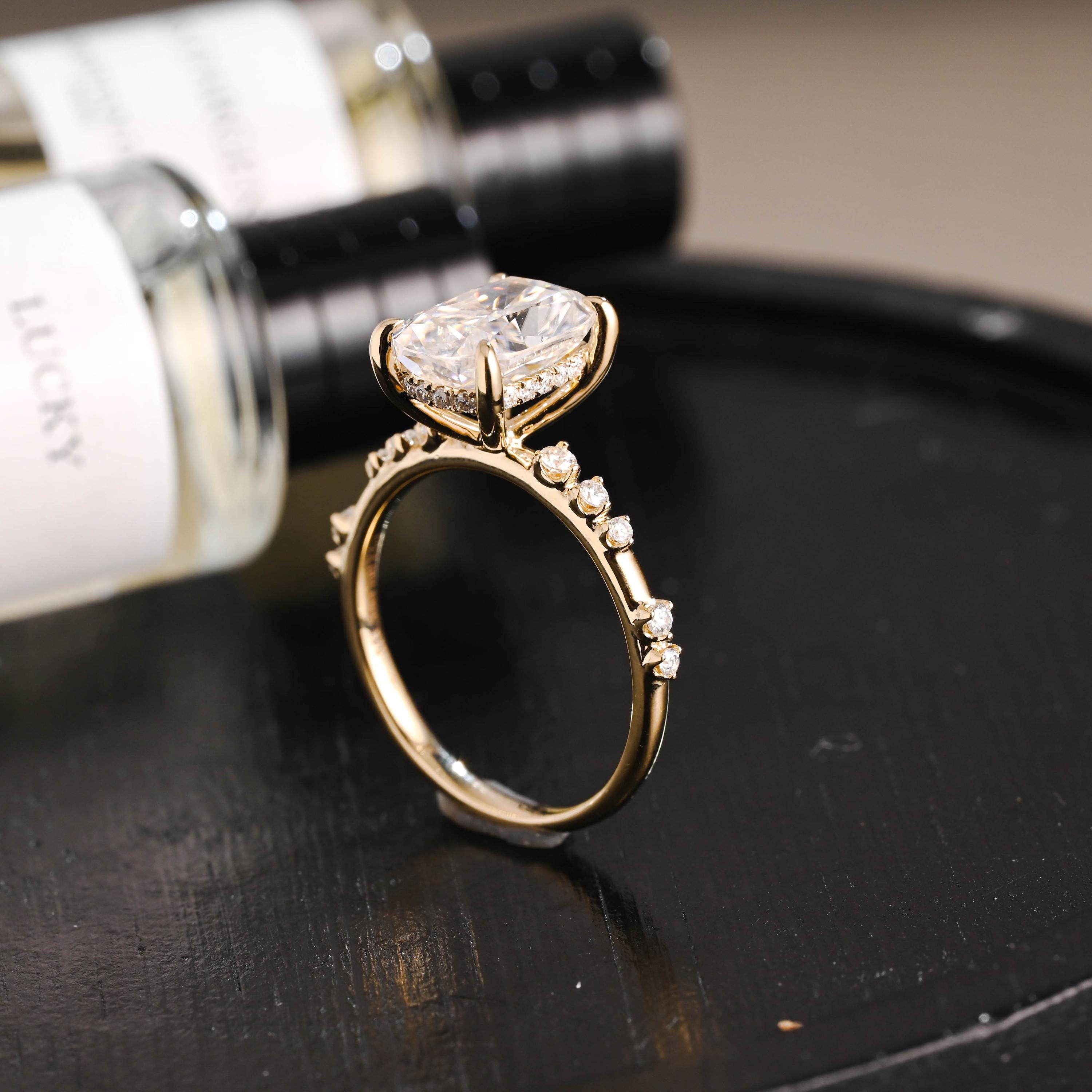 Solid Gold Elongated Cushion Cut Moissanite Engagement Ring, Proposal Ring, Round Cut Promise Ring, Anniversary Gift Birthday Gift for Women