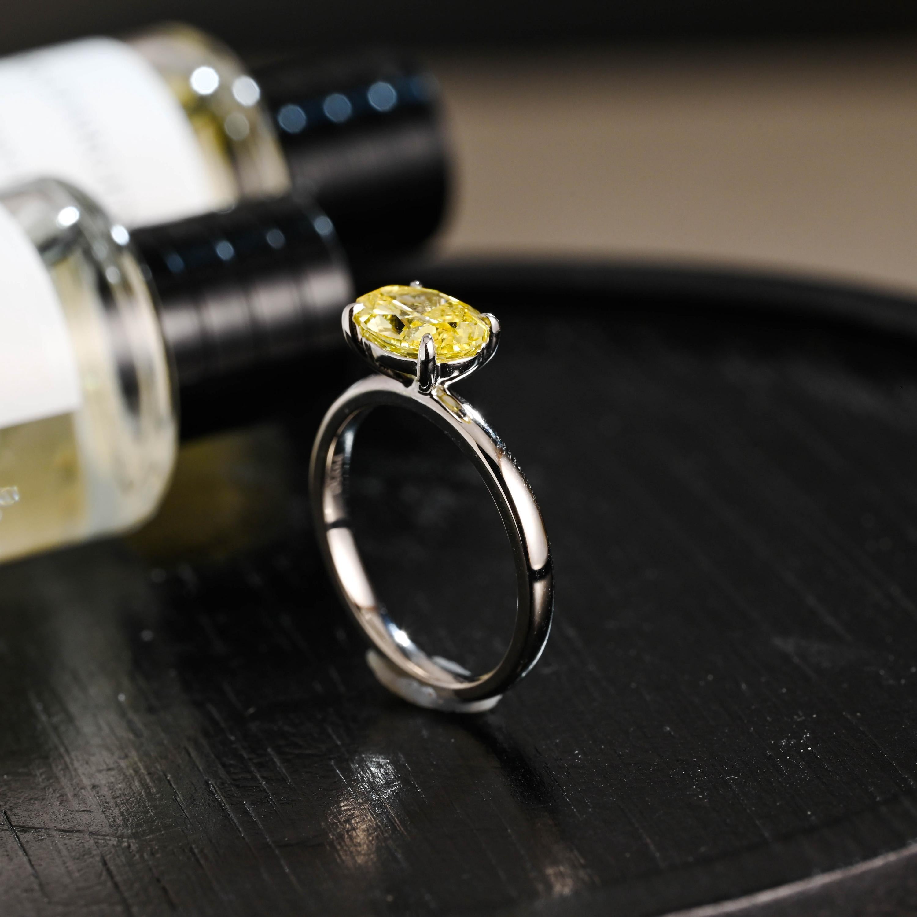 Solid Gold Oval Cut Solitaire Yellow Moissanite Engagement Ring, Gift for Women