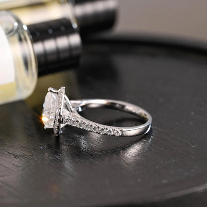 Solid Gold Heart Cut Moissanite Engagement Ring, Half Pave Band Ring Proposal Ring, Promise Ring, Wedding Ring