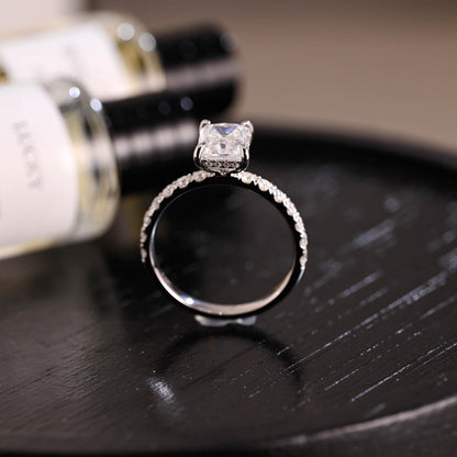 Solid Gold Hidden Halo Radiant Cut Moissanite Engagement Ring, Anniversary Gift for Women Wife