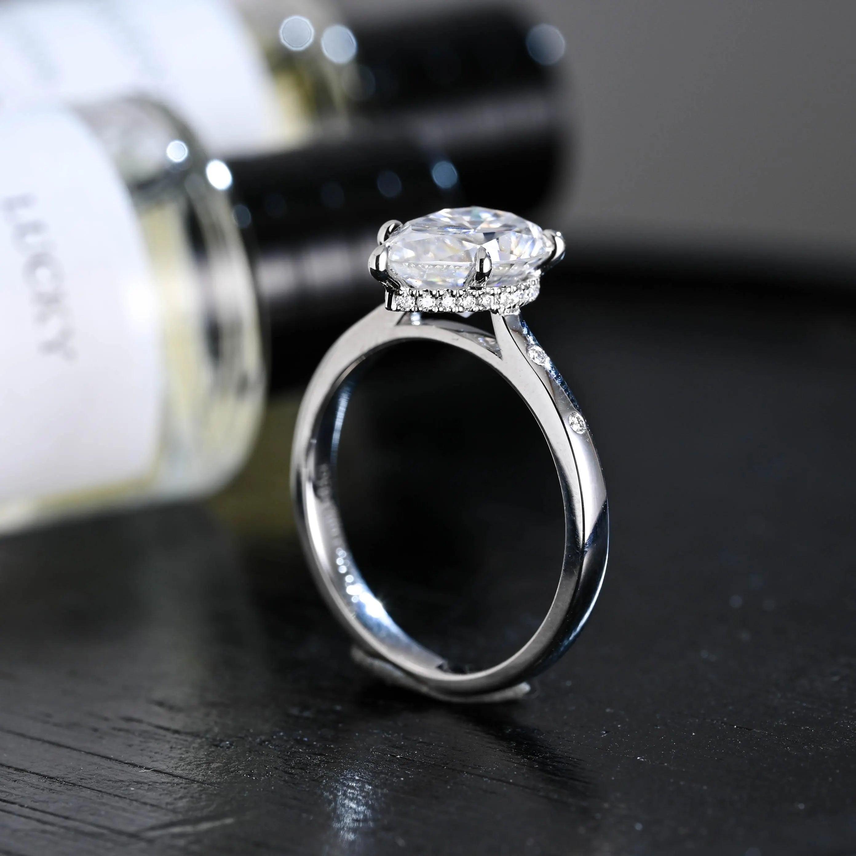Solid Gold Hidden Halo Pear Moissanite Engagement Ring, Anniversary Gift Birthday Gift for Women
