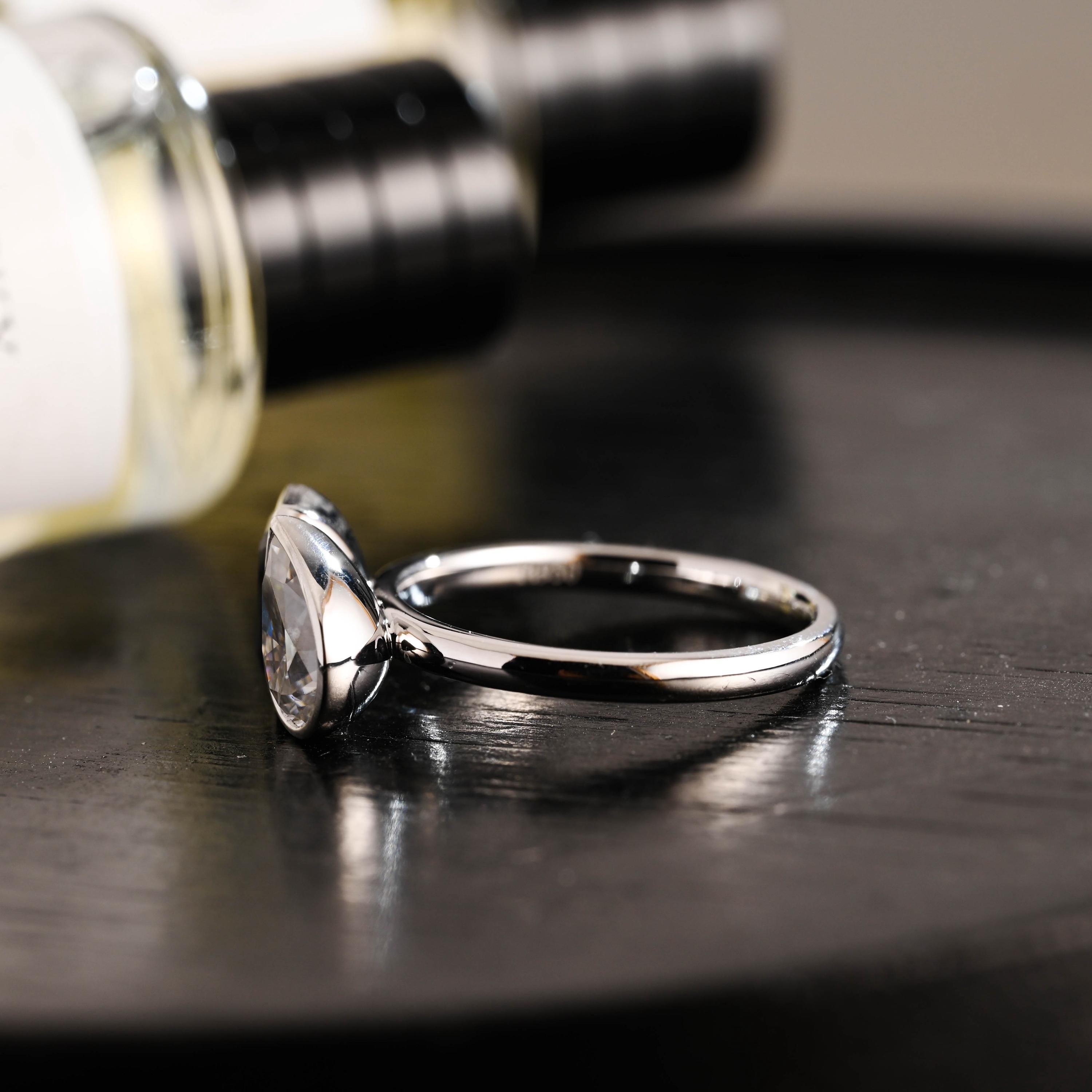 Bezel Solid Gold Emerald Cut Lab Grown Sapphire & Pear Cut Moissanite Toi et Moi Engagement Ring