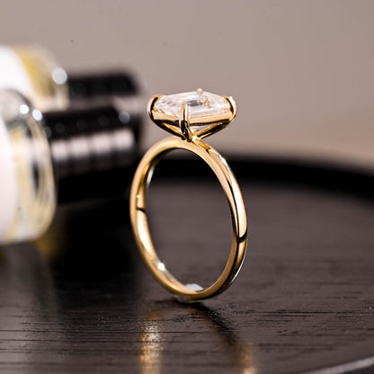 Solid Gold Solitaire Emerald Cut Moissanite Engagement Ring, Moissanite Promise Ring