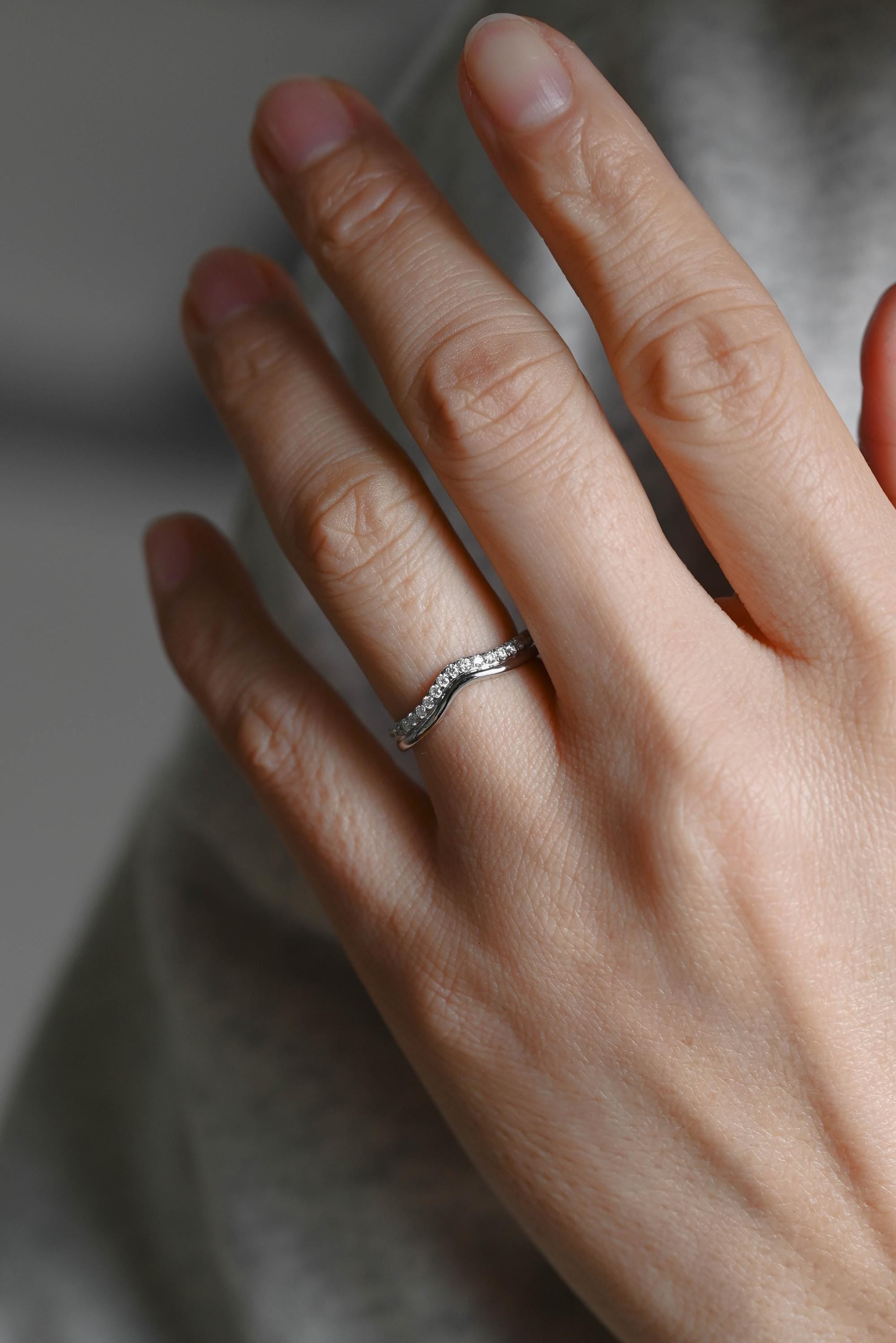 Solid Gold Curved Moissanite Wedding Band, Matching Ring