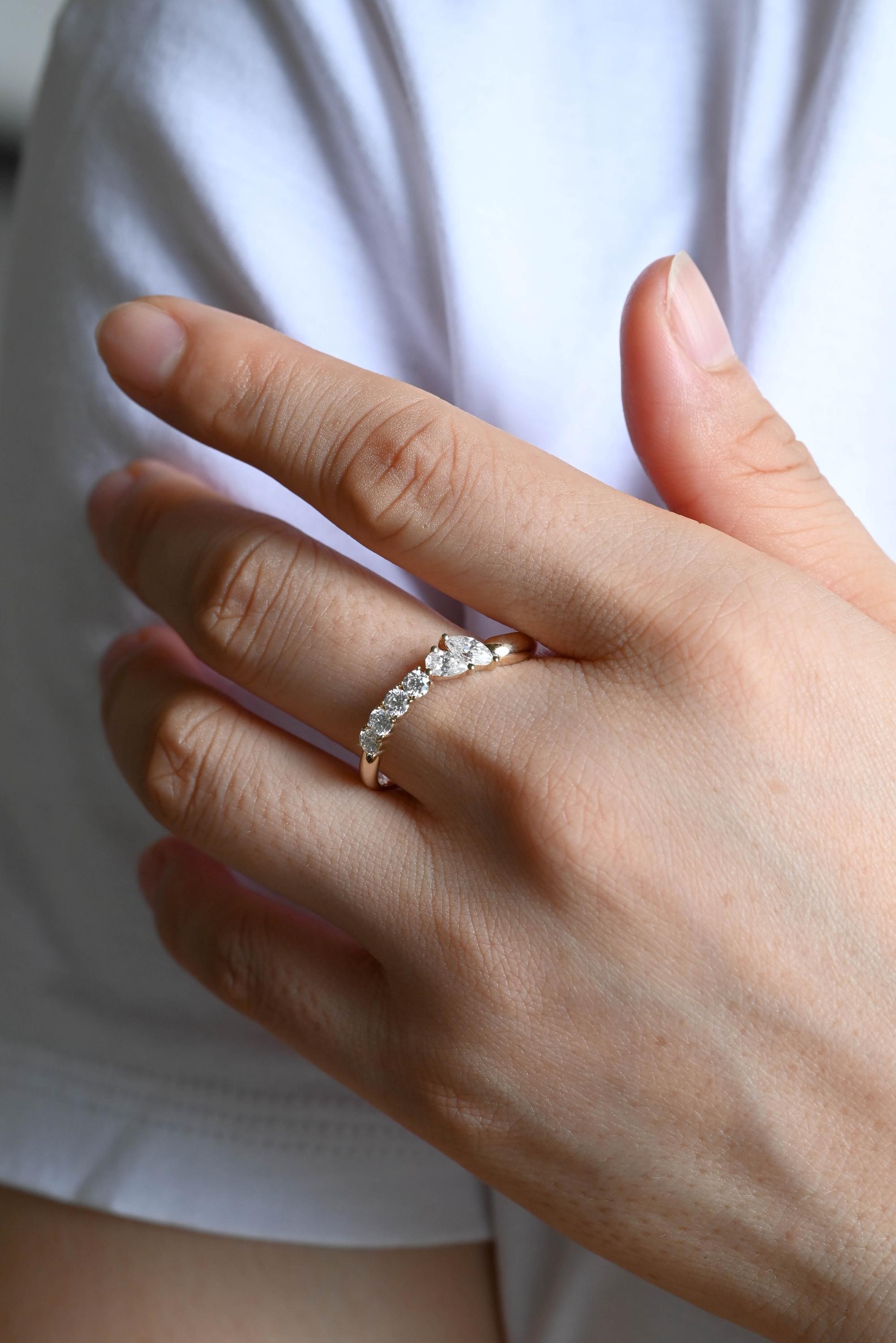 Solid Gold Marquise Pear Cut Moissanite Wedding Band, Matching Ring