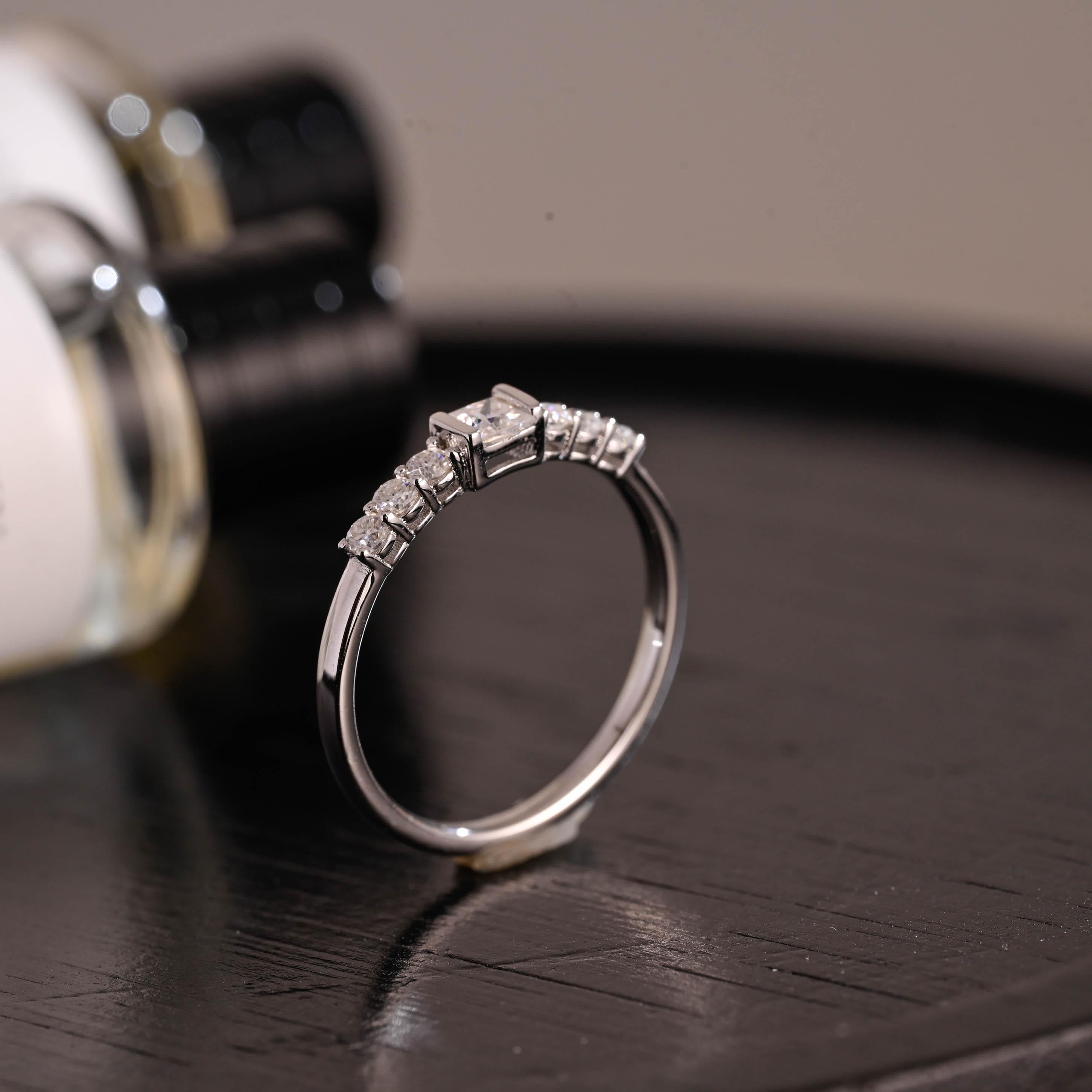 Solid Gold Moissanite Wedding Band, Princess & Round Cut Ring