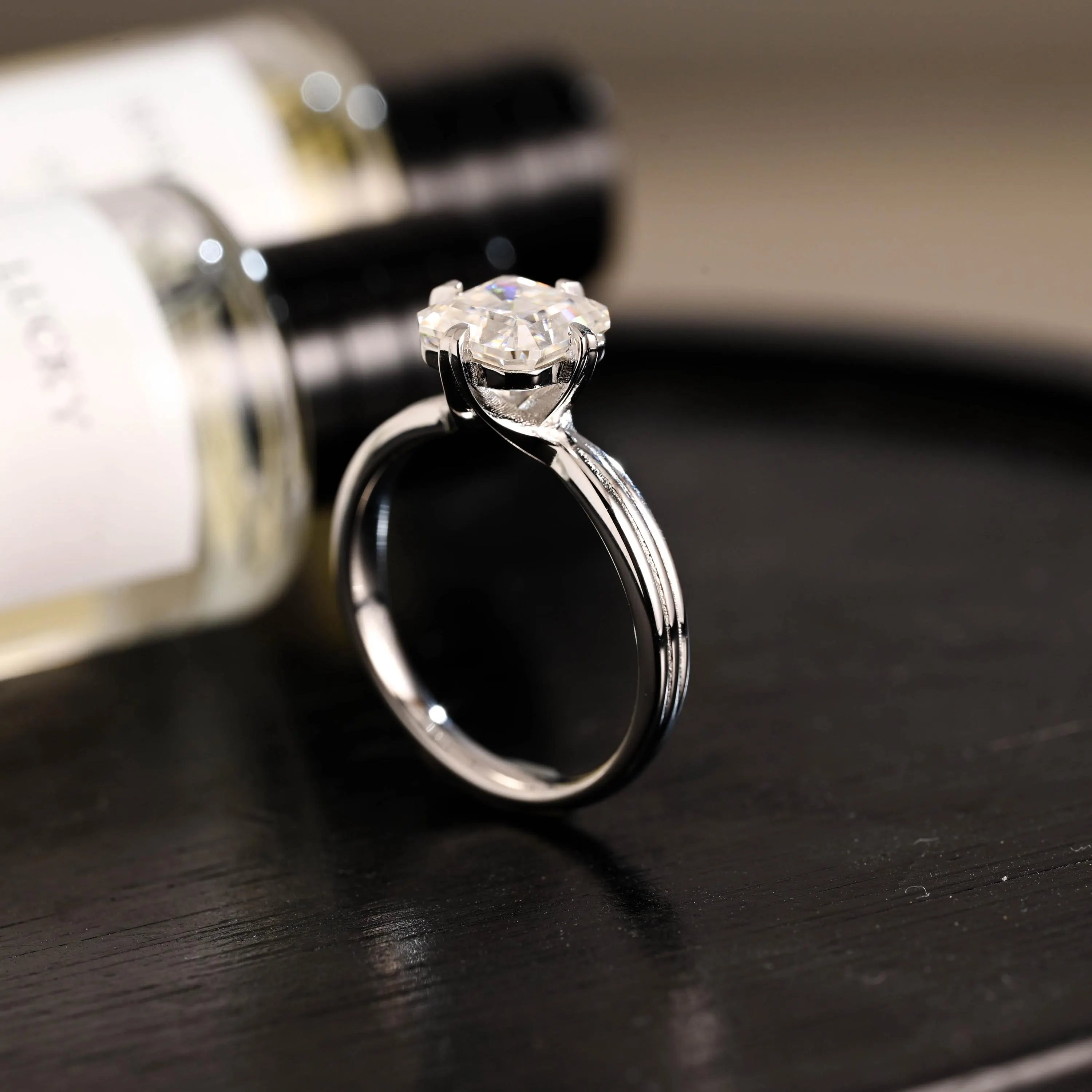 Solid Gold Asscher Cut Moissanite Engagement Ring, Anniversary Gift Birthday Gift for Women Wife