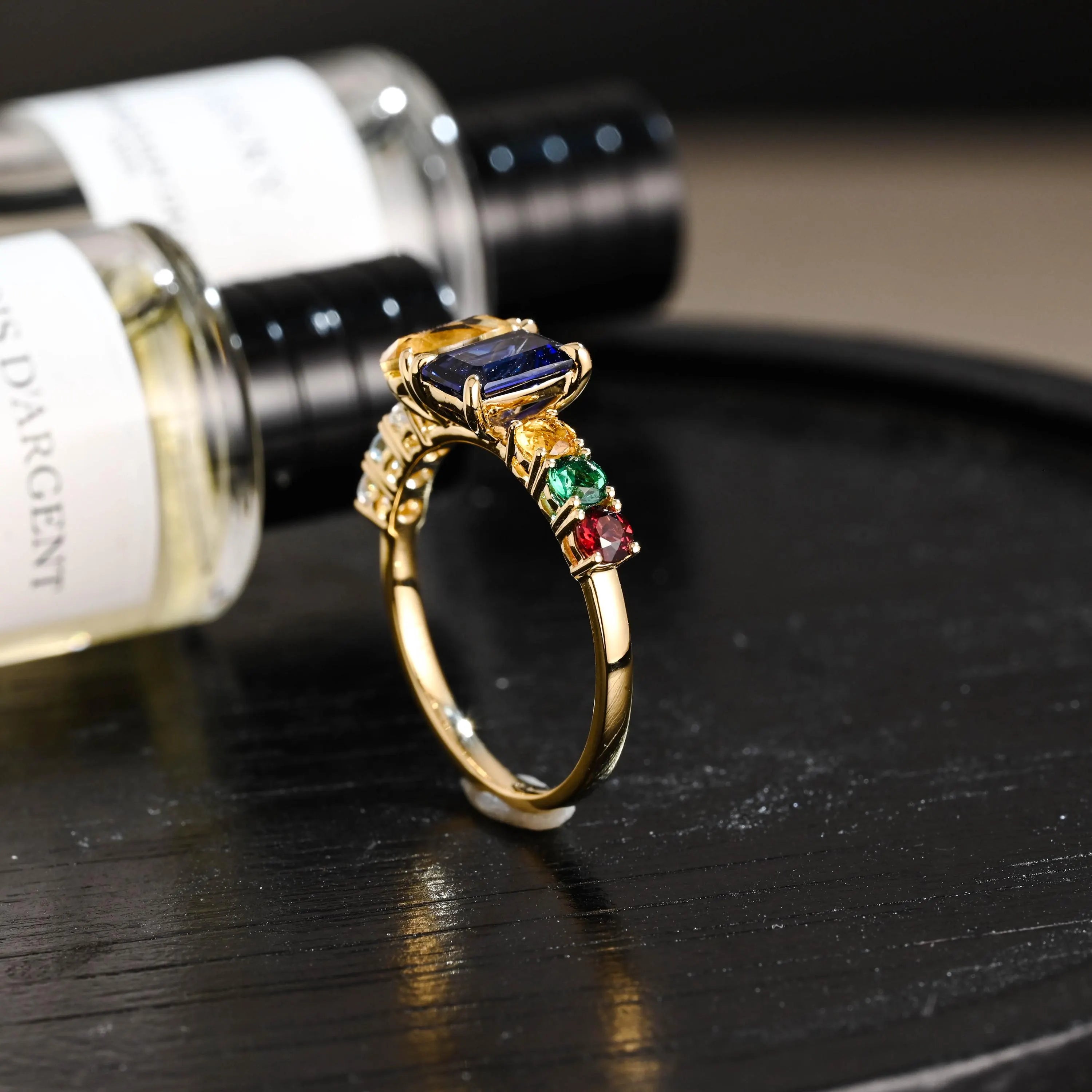 Solid Gold Toi et Moi Emerald Cut Lab Grown Sapphire & Pear Citrine Engagement Ring