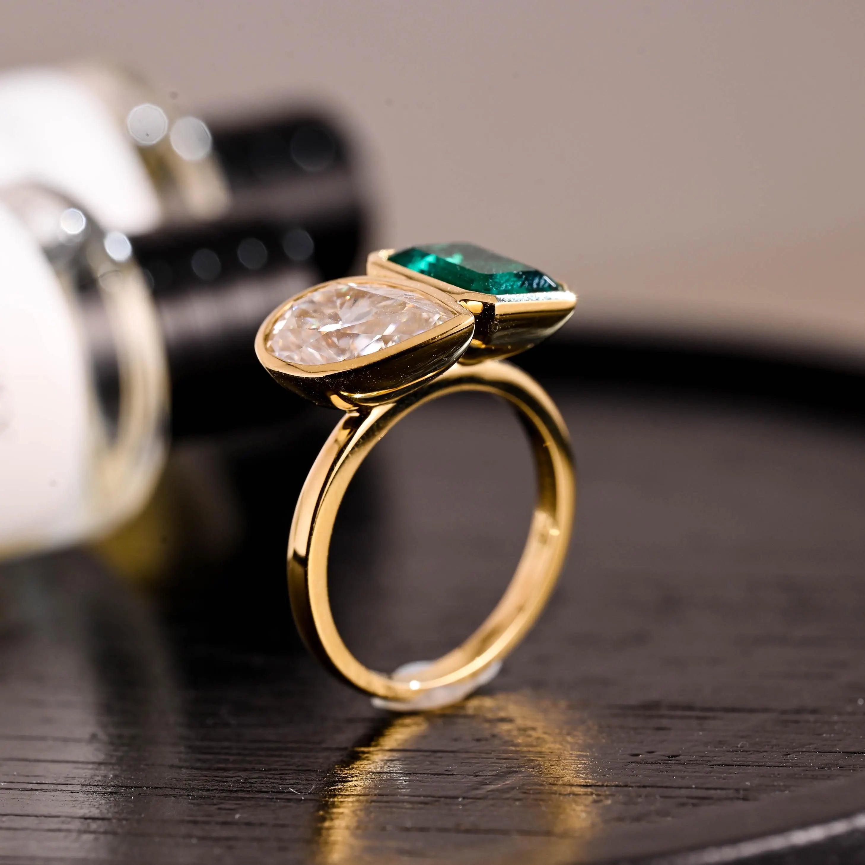 Bezel Toi et Moi Engagement Ring, Lab Grown Emerald Ring, Solid Gold Pear Cut Moissanite Wedding Ring