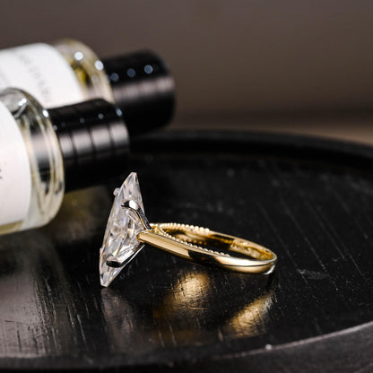 Beaded Marquise Moissanite Solid Gold Engagement Ring, Vintage Style Ring