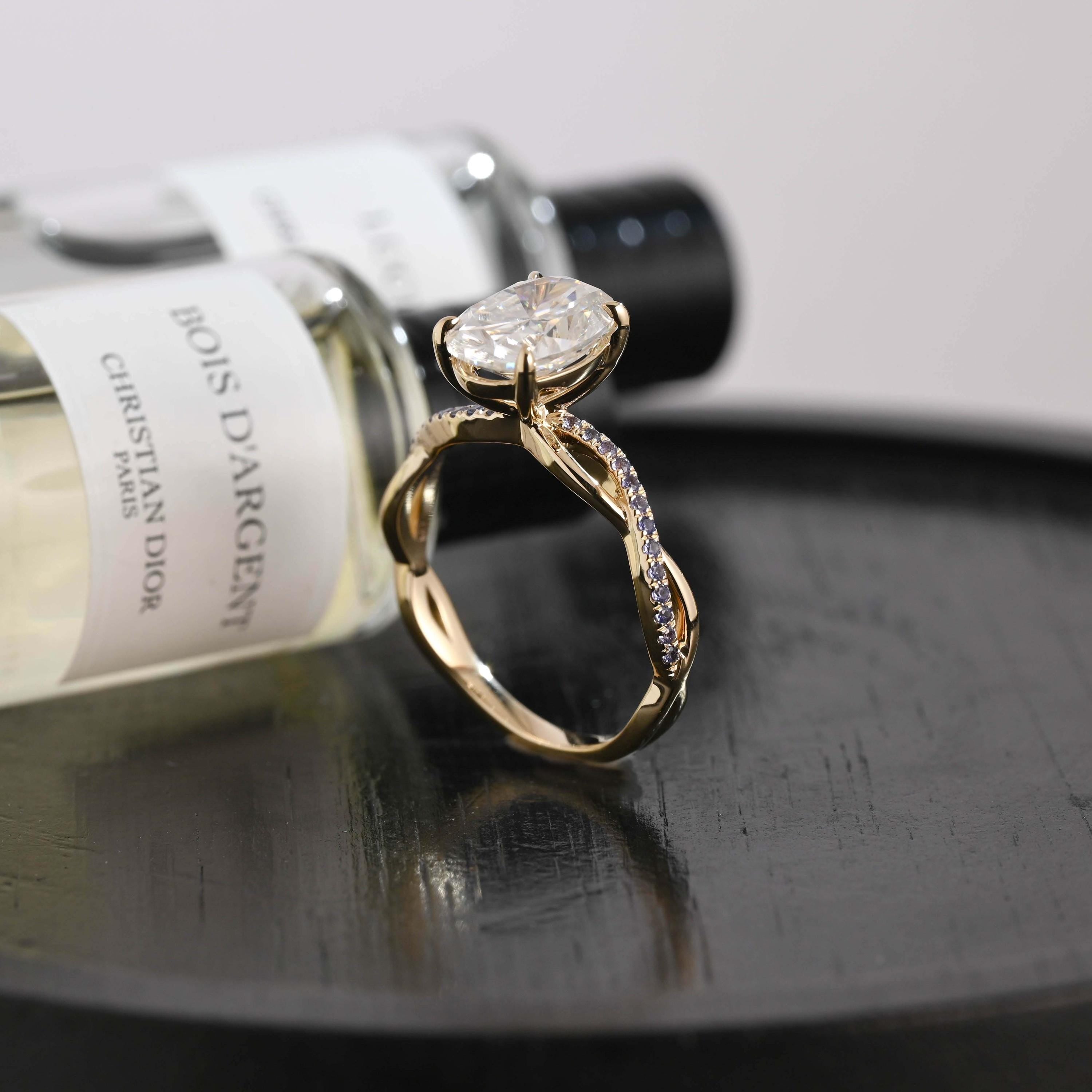 Solid Gold Oval Cut Moissanite Engagement Ring, Twisted Proposal Ring