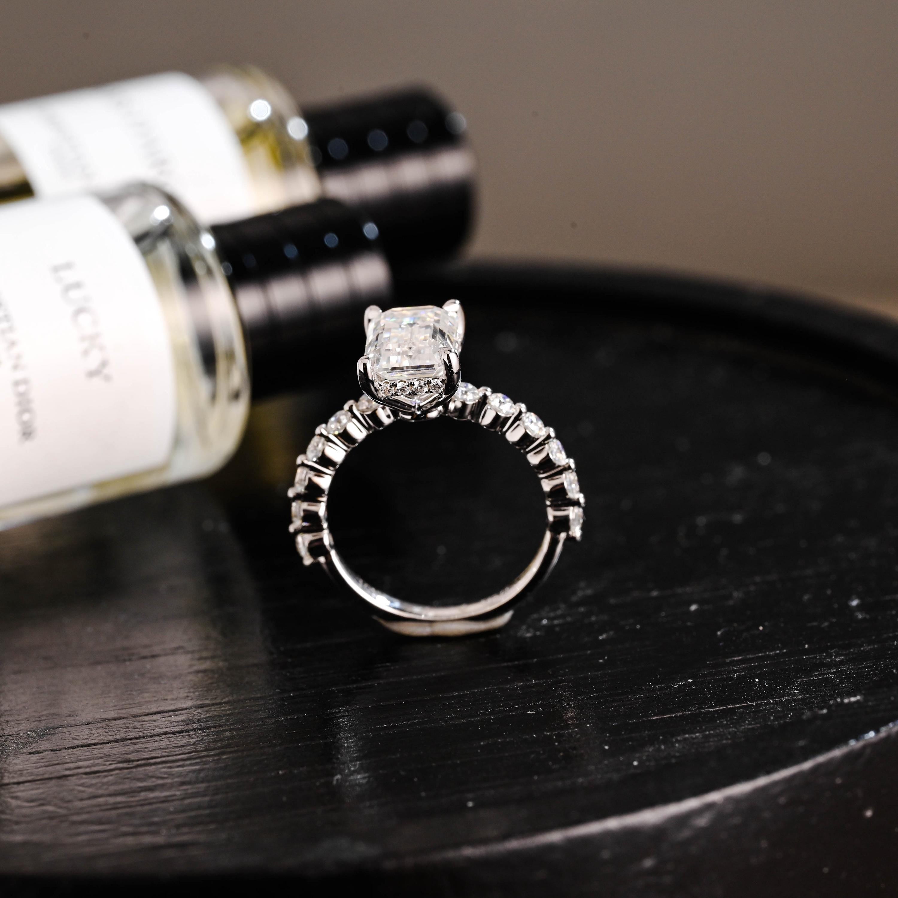 Solid Gold Half Eternity Emerald Cut Moissanite Engagement Ring, Proposal Ring, Round Promise Ring, Wedding Ring, Anniversary Gift for Women