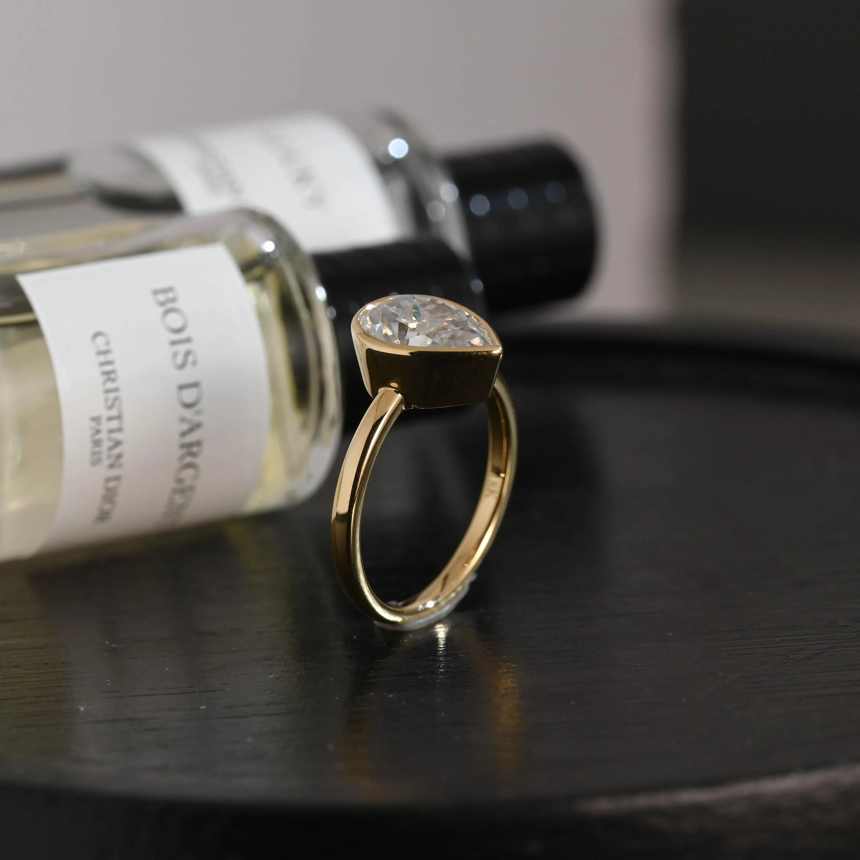 Solid Gold Pear Cut Moissanite Engagement Ring, Proposal Ring, Promise Ring, Solid Bezel Set Wedding Ring