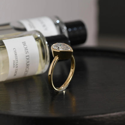 Solid Gold Pear Cut Moissanite Engagement Ring, Proposal Ring, Promise Ring, Solid Bezel Set Wedding Ring