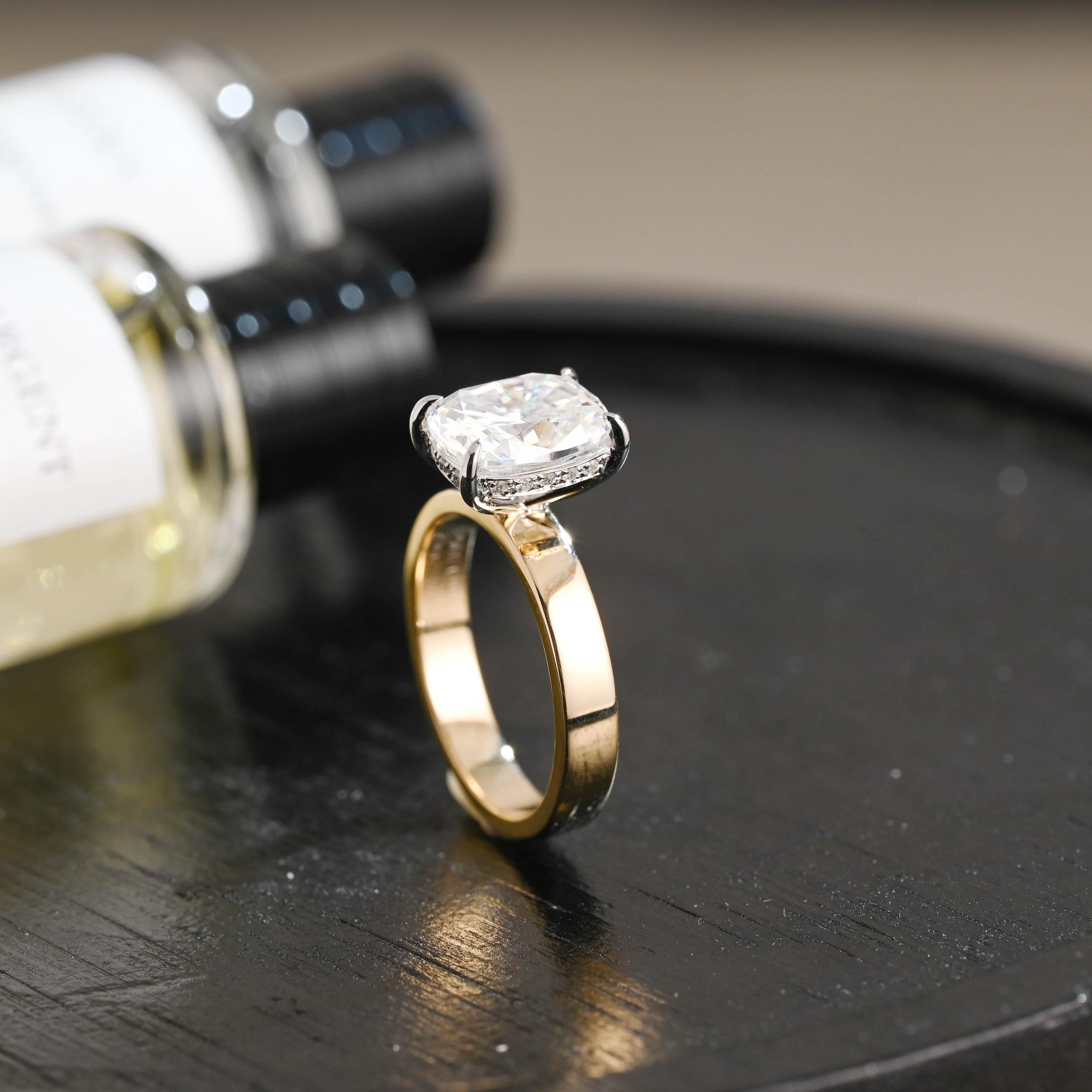 Crushed Ice Cut Elongated Cushion Cut Moissanite Engagement Ring, Solid Gold Cushion Wedding Ring, Hidden Halo Anniversary Moissanite Ring