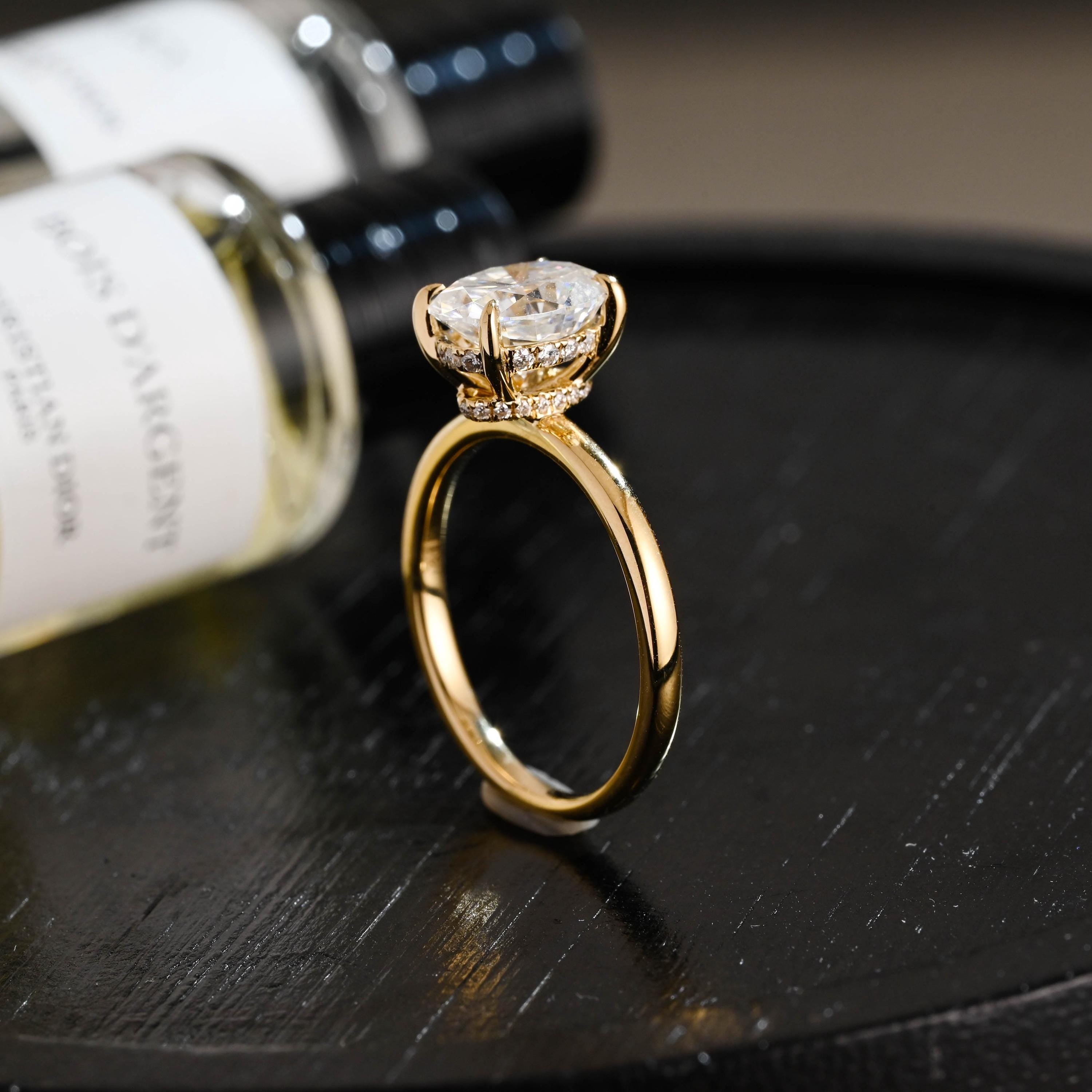 Solid Gold Oval Moissanite Engagement Ring, Hidden Halo Promise Ring