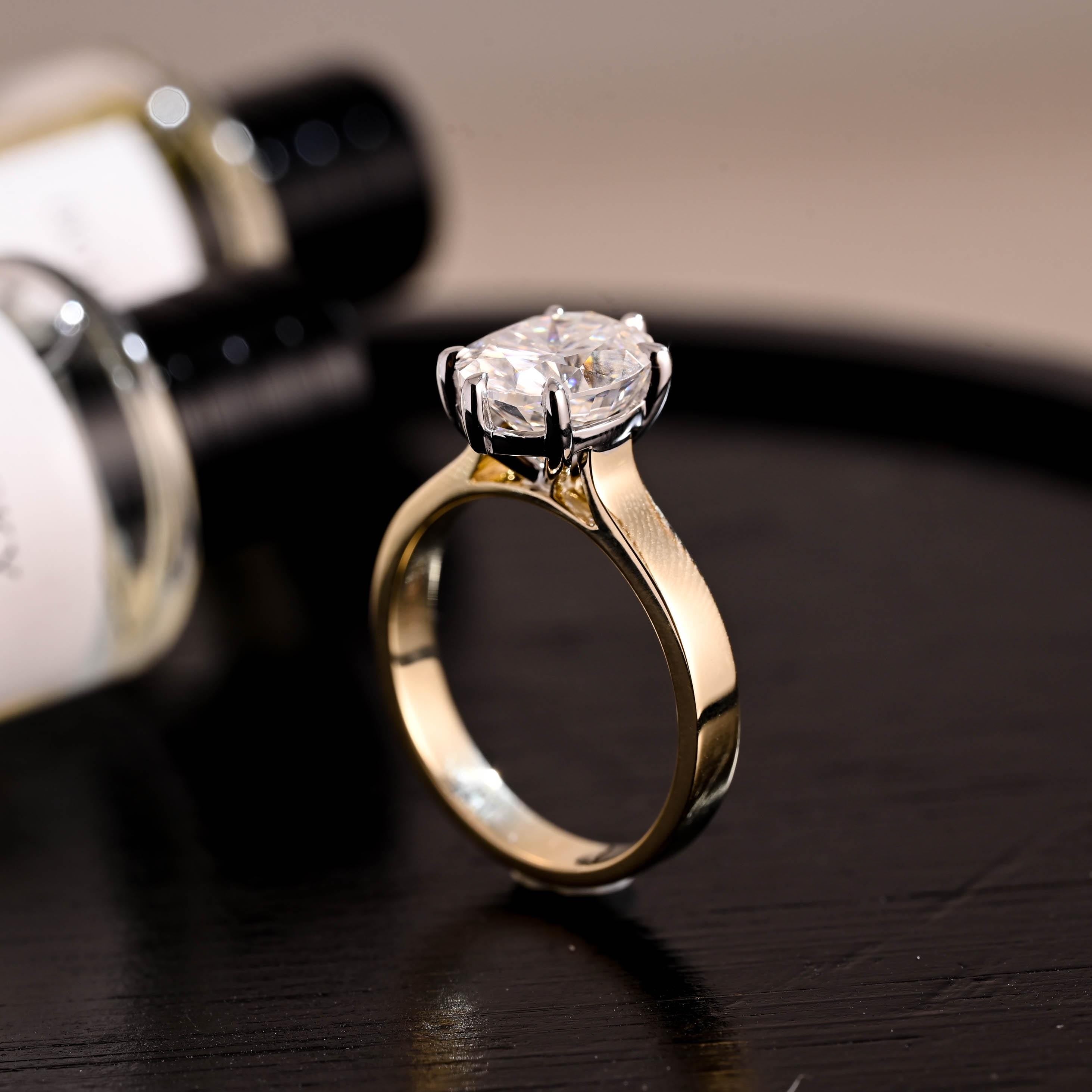 Solid Gold Two Tone Solitaire Oval Cut Moissanite Engagement Ring, 3mm Wide Cathedral Setting