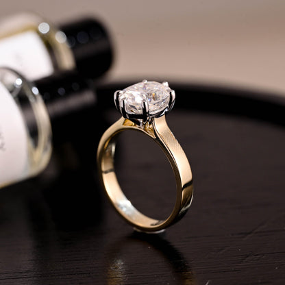 Solid Gold Two Tone Solitaire Oval Cut Moissanite Engagement Ring, 3mm Wide Cathedral Setting