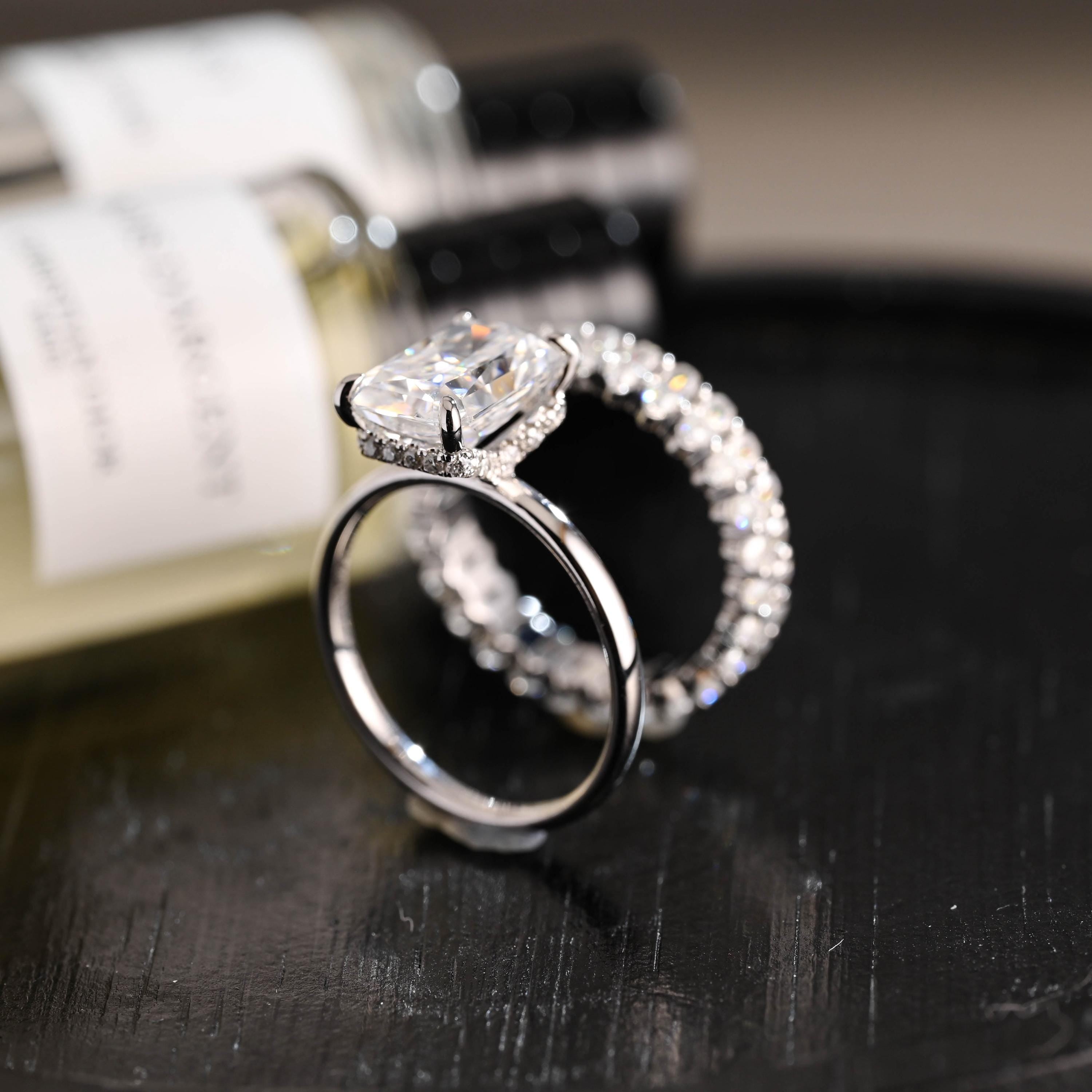 Ascot Radiant Cut Moissanite Engagement Ring Set, Solid Gold Oval Cut Wedding Ring