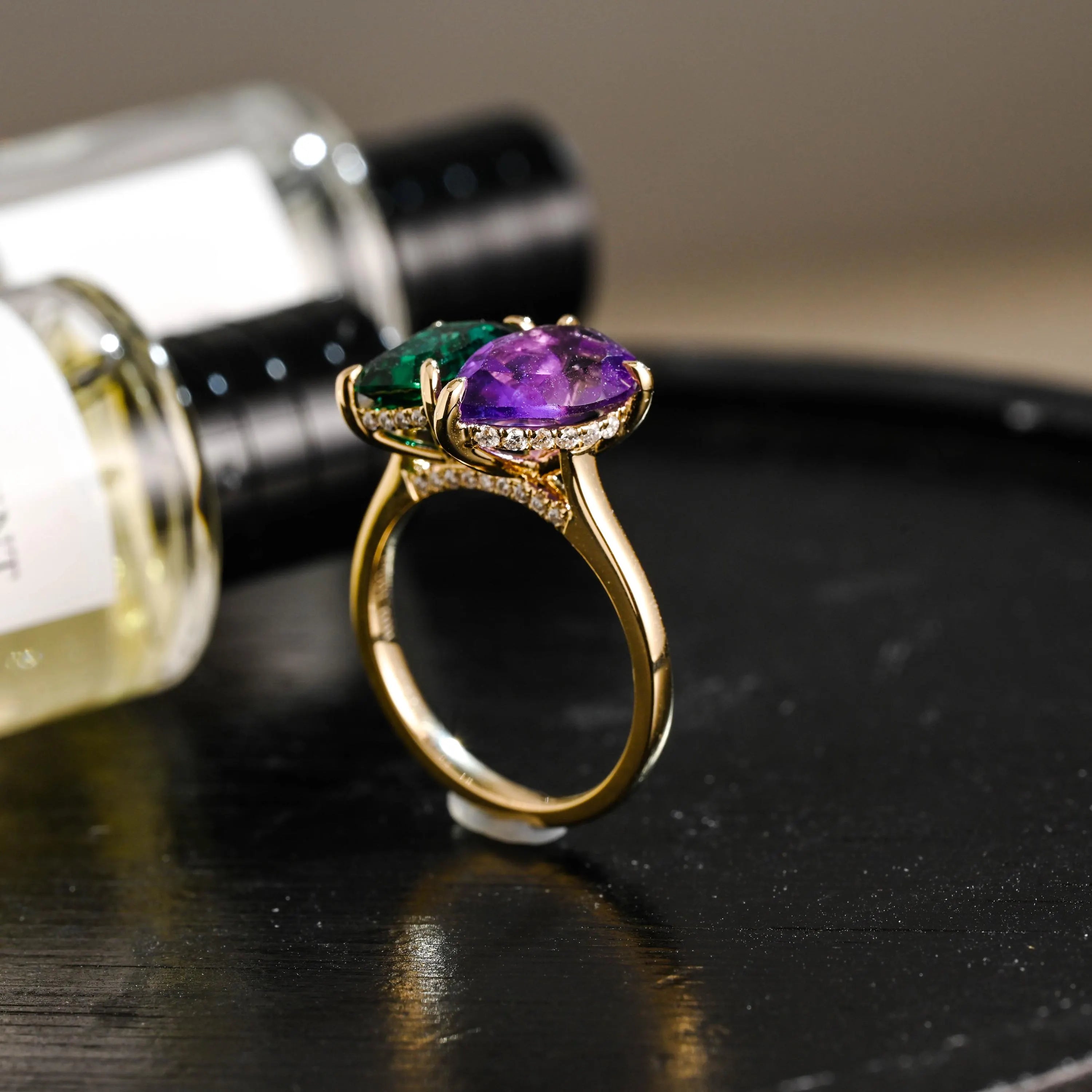 Solid Gold Toi et Moi Pear Amethyst & Lab Grown Emerald Engagement Ring
