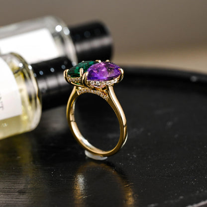 Solid Gold Toi et Moi Pear Amethyst & Lab Grown Emerald Engagement Ring