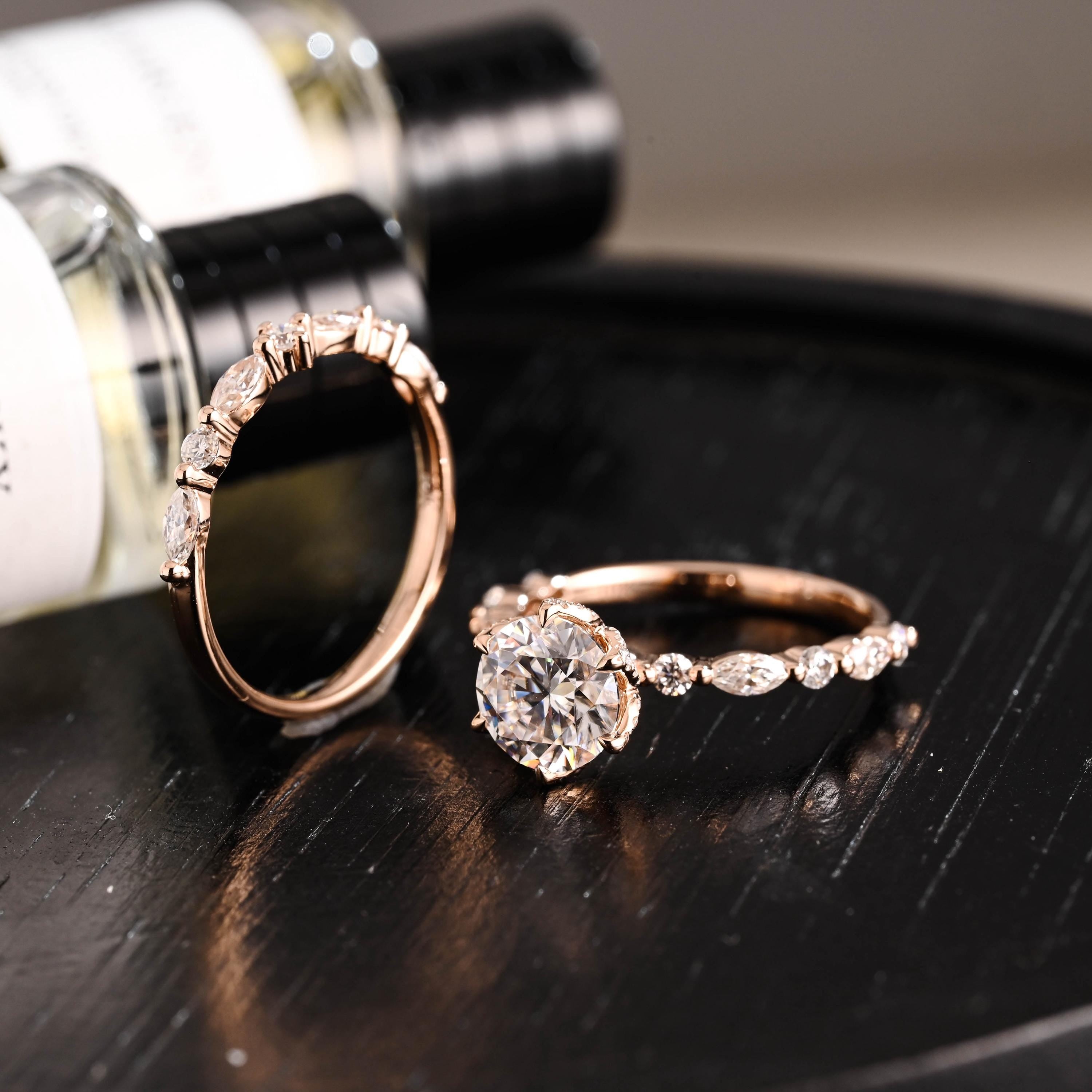 Solid Gold Round Cut Moissanite Engagement Ring Set, Marquise Bridal Round Wedding Ring Set