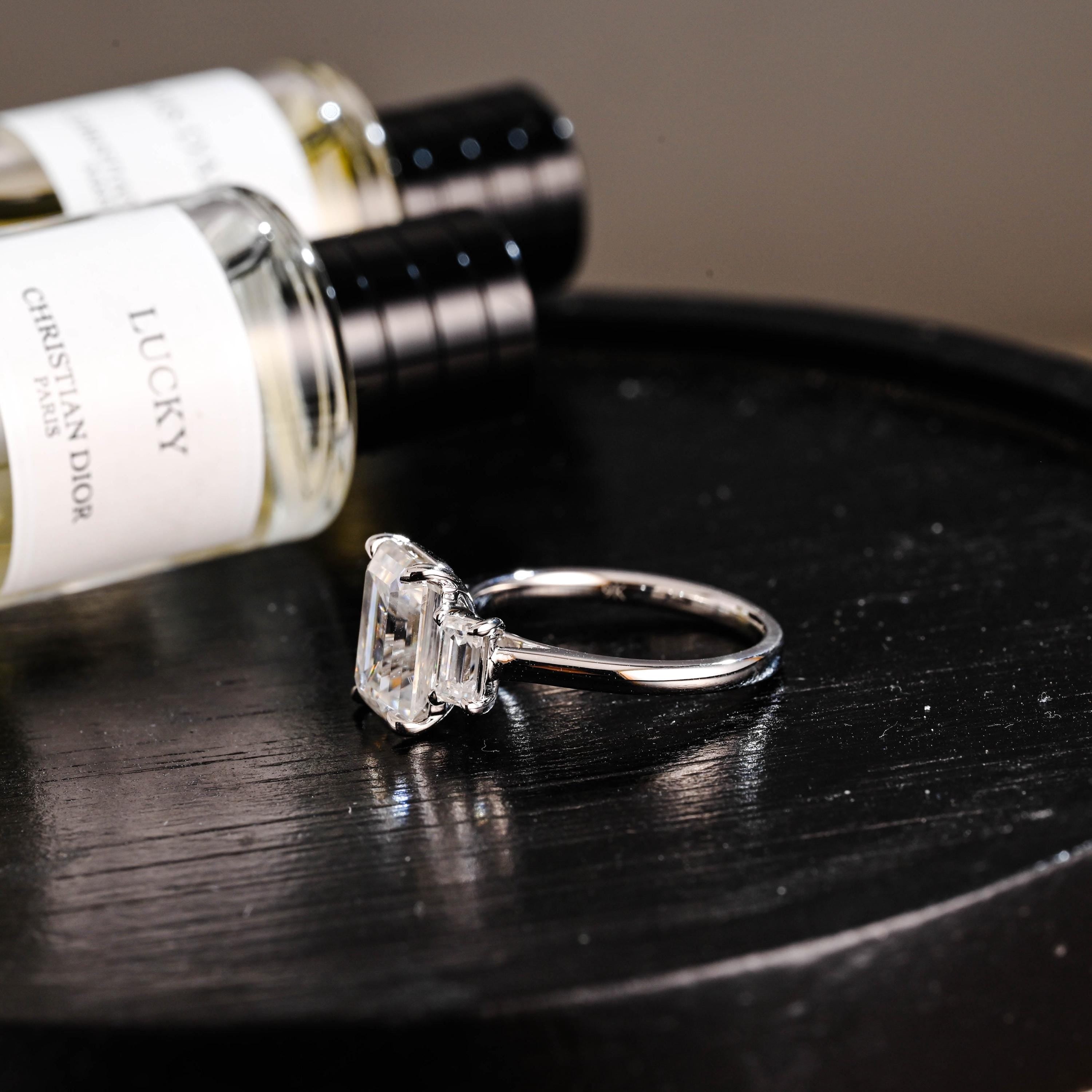 Three Stone Emerald Cut Moissanite Engagement Ring, Solid Gold Promise Ring, Gold Proposal Ring, Anniversary Gift Birthday Gift for Women