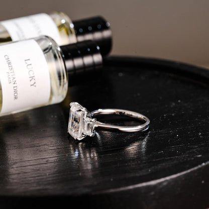 Three Stone Emerald Cut Moissanite Engagement Ring, Solid Gold Promise Ring, Gold Proposal Ring, Anniversary Gift Birthday Gift for Women