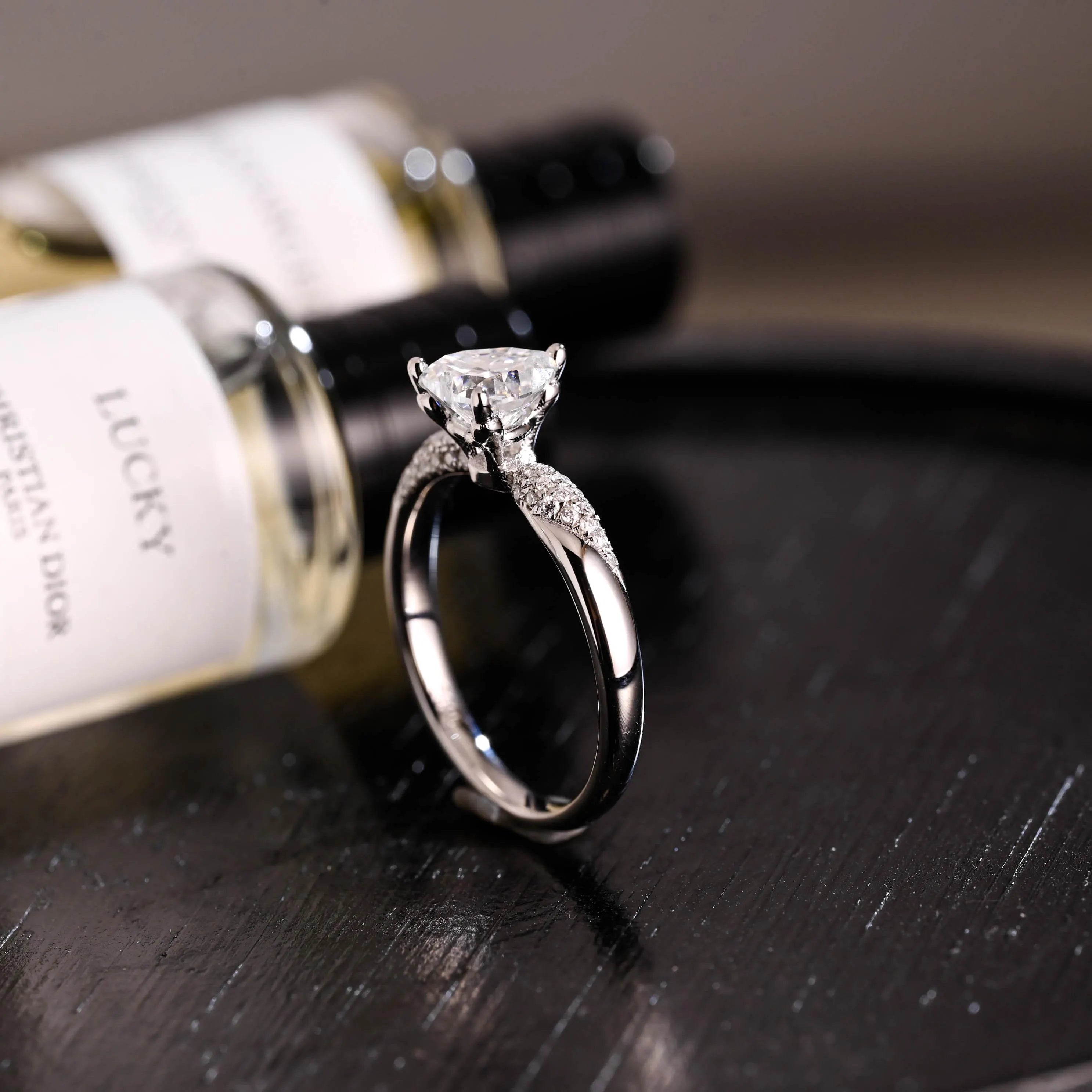 Solid Gold Heart Cut Moissanite Engagement Ring, Pave BandWedding Ring