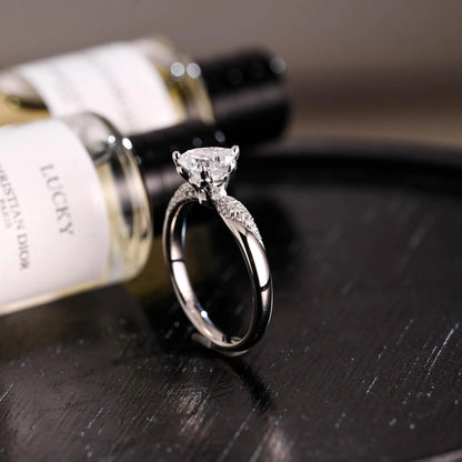 Solid Gold Heart Cut Moissanite Engagement Ring, Pave BandWedding Ring