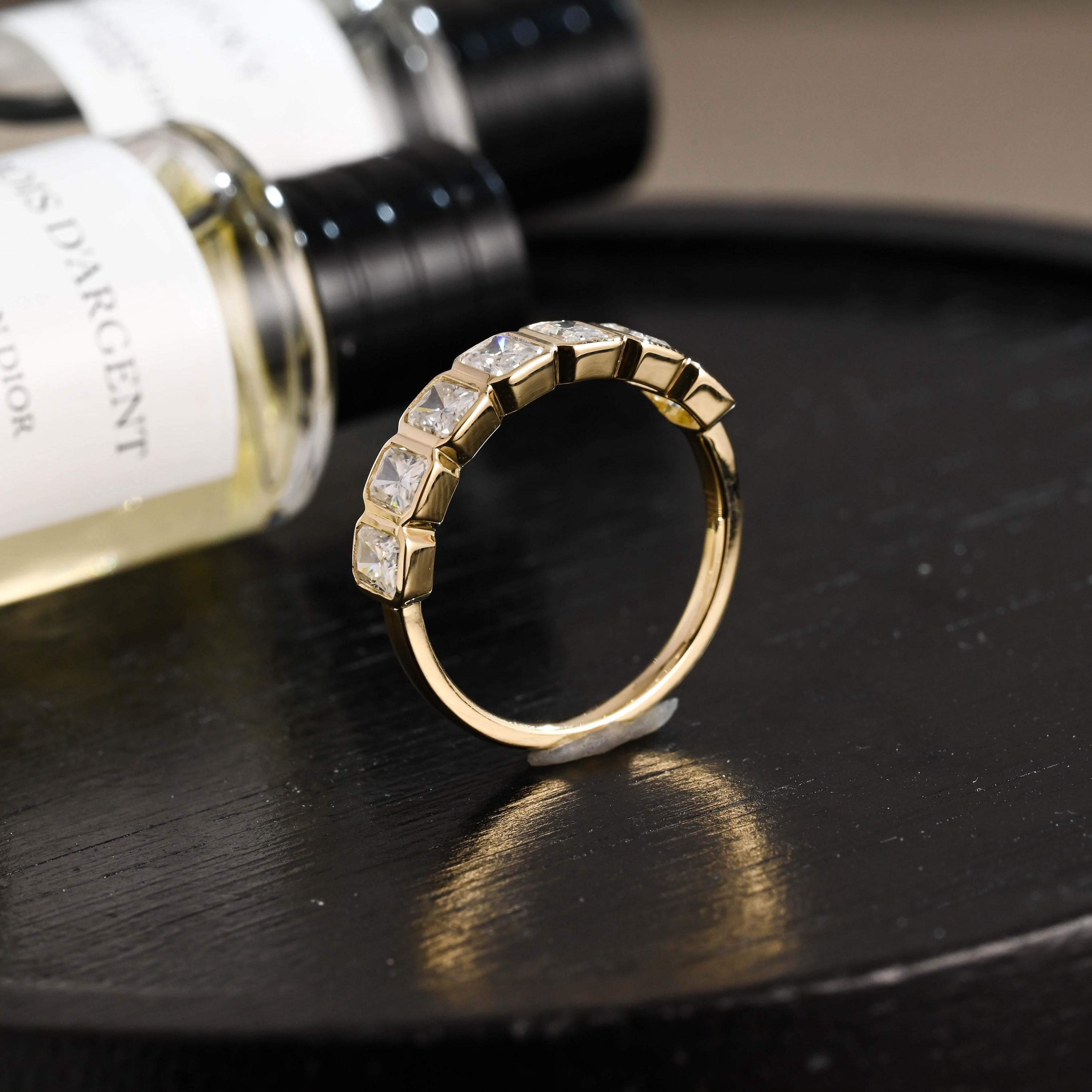 Solid Gold Radiant Cut Moissanite Wedding Band, Matching Ring