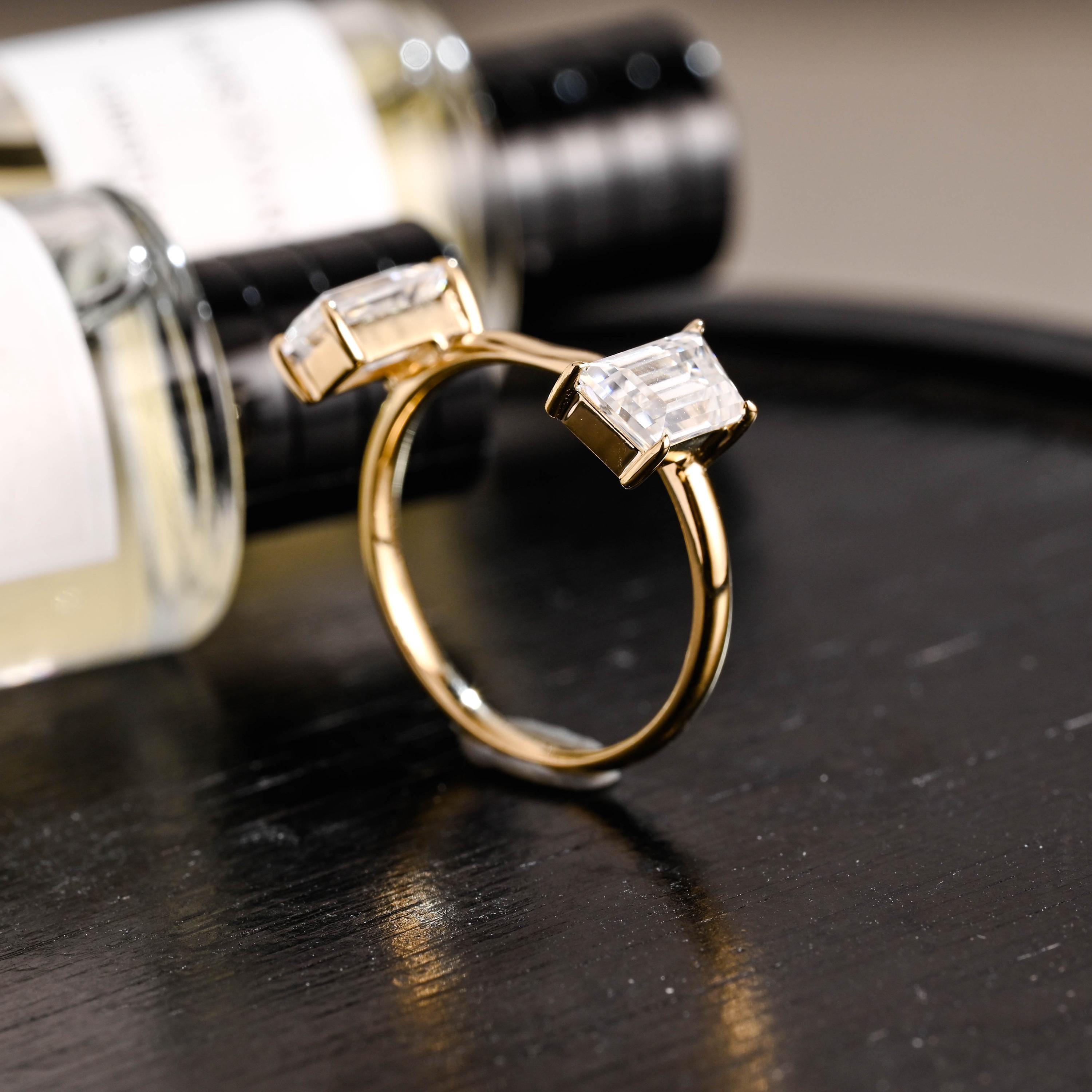 Solid Gold Trapezoid Moissanite Wedding Band, Matching Ring