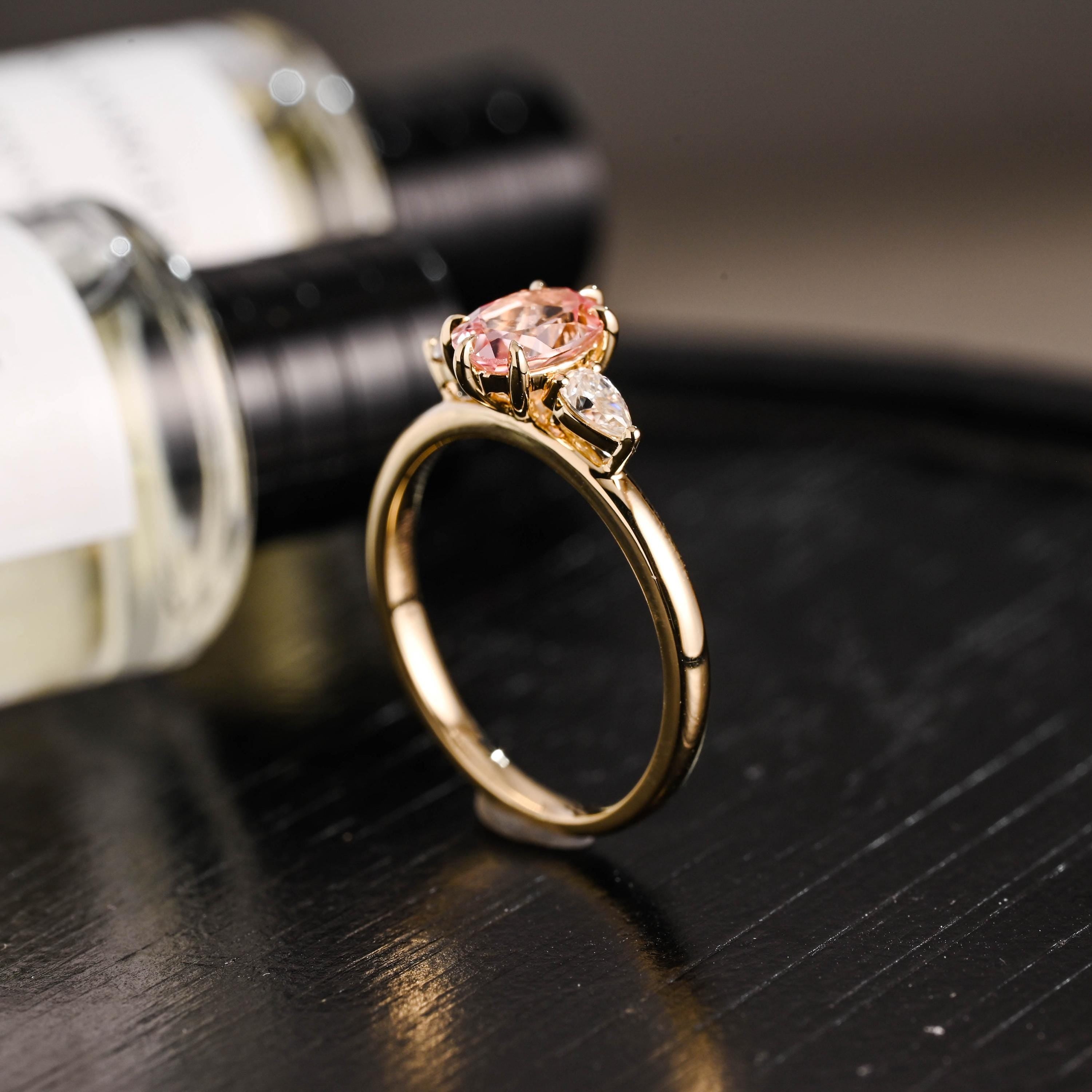 Solid Gold Oval Lab Grown Pink Sapphire Engagement Ring, Three Stone Proposal Ring