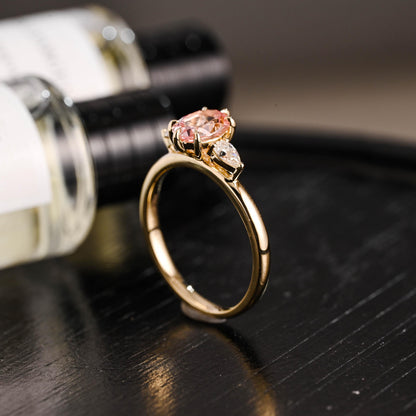 Solid Gold Oval Lab Grown Pink Sapphire Engagement Ring, Three Stone Proposal Ring