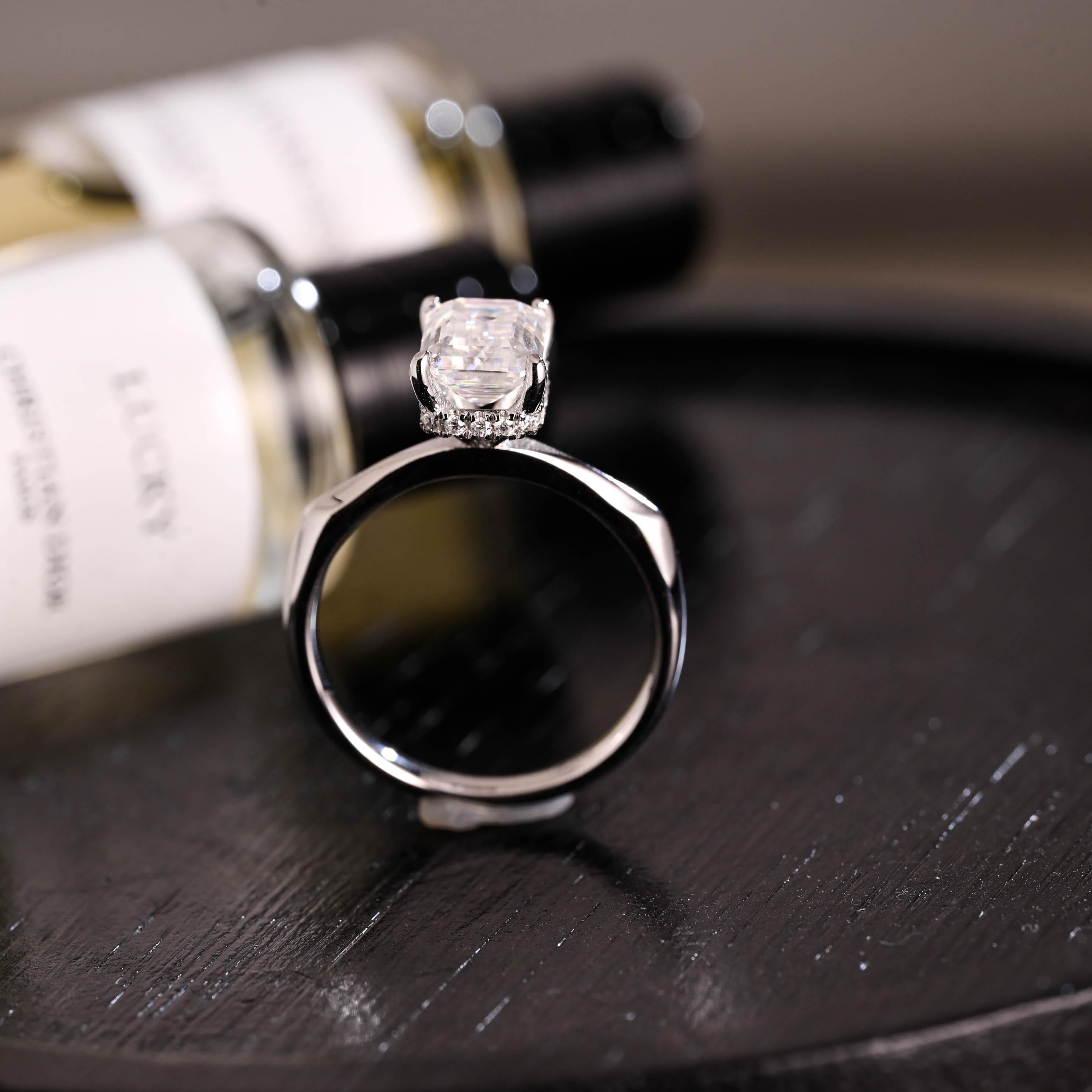 Solid Gold Hidden Halo Emerald Cut Moissanite Engagement Ring, Proposal Ring, Promise Ring, Wedding Ring, Anniversary Gift for Women Wife