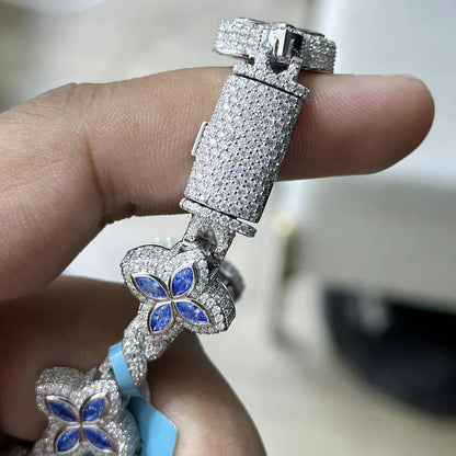 Iced Out Clover Bracelet: VVS Moissanite Diamond, Sterling Silver Link