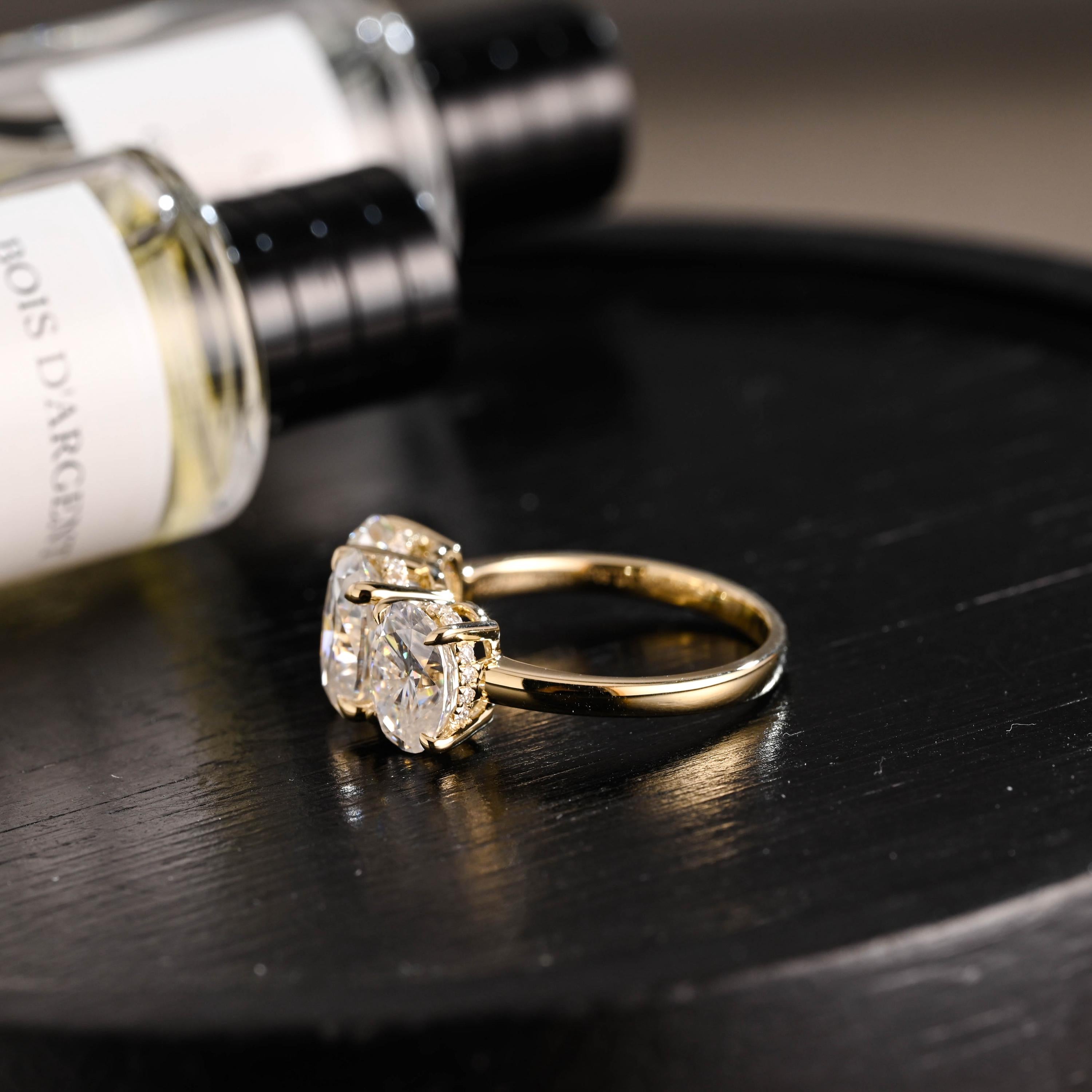 Solid Gold Hidden Halo Three Stone Oval Cut Moissanite Engagement Ring
