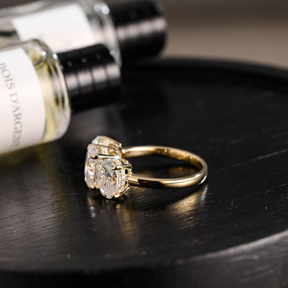 Solid Gold Hidden Halo Three Stone Oval Cut Moissanite Engagement Ring