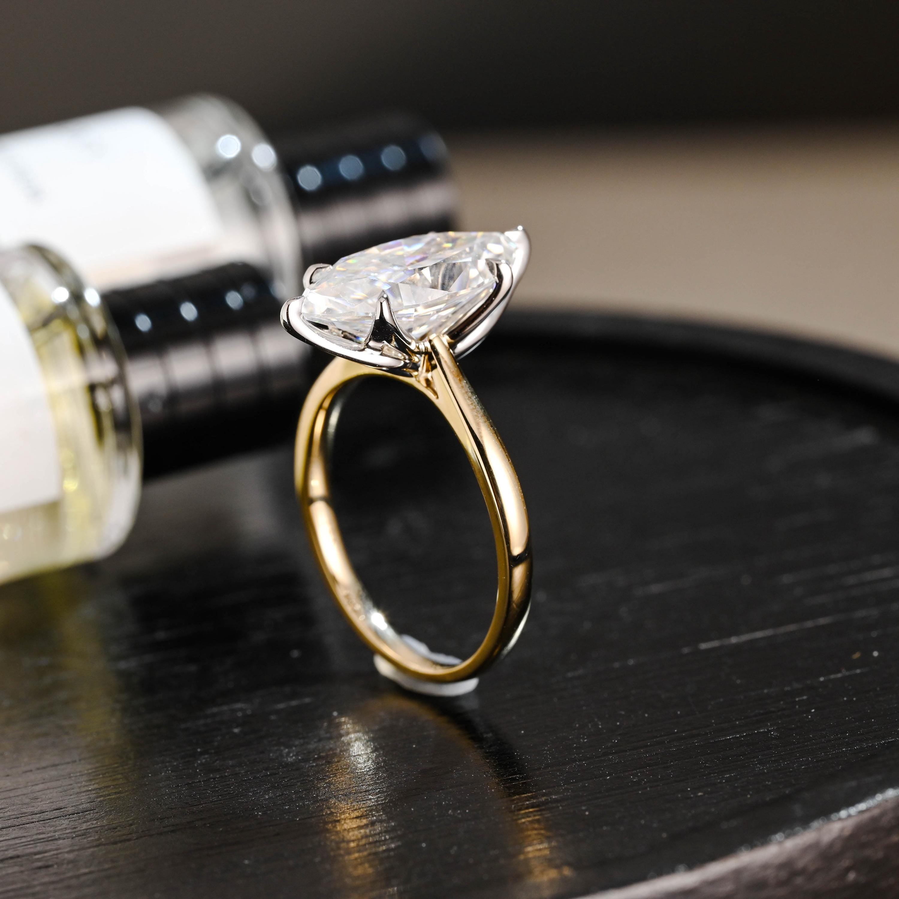 Two Tone Tulip Setting Marquise Moissanite Ring, Solid Gold Engagement Ring