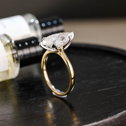 Two Tone Tulip Setting Marquise Moissanite Ring, Solid Gold Engagement Ring