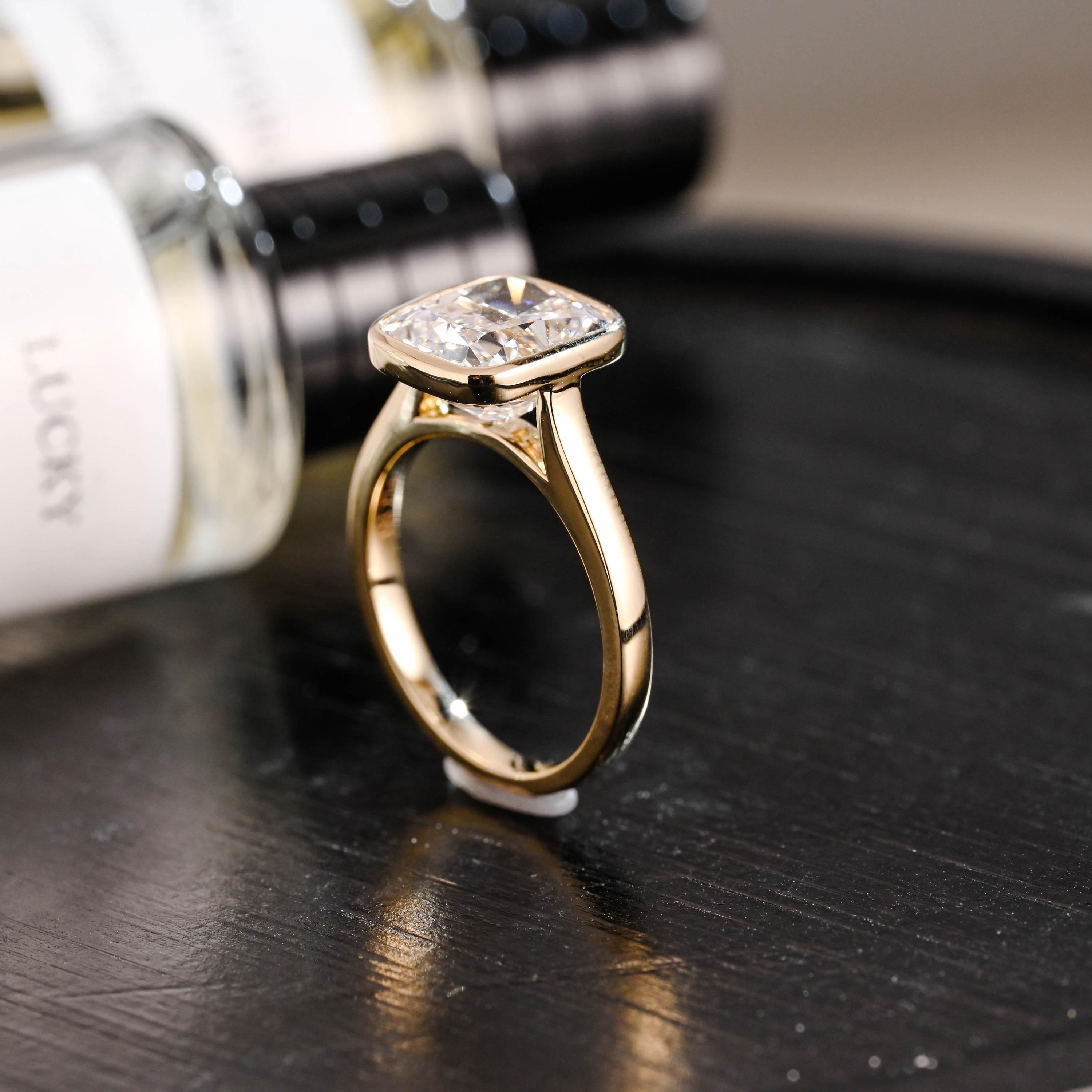 Solid Gold Bezel Elongated Cushion Cut Moissanite Engagement Ring, Proposal Ring, Promise Ring