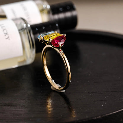 Solid Gold Pear Ruby & Emerald Cut Yellow Lab Grown Sapphire and Pear Blue Topaz Engagement Ring