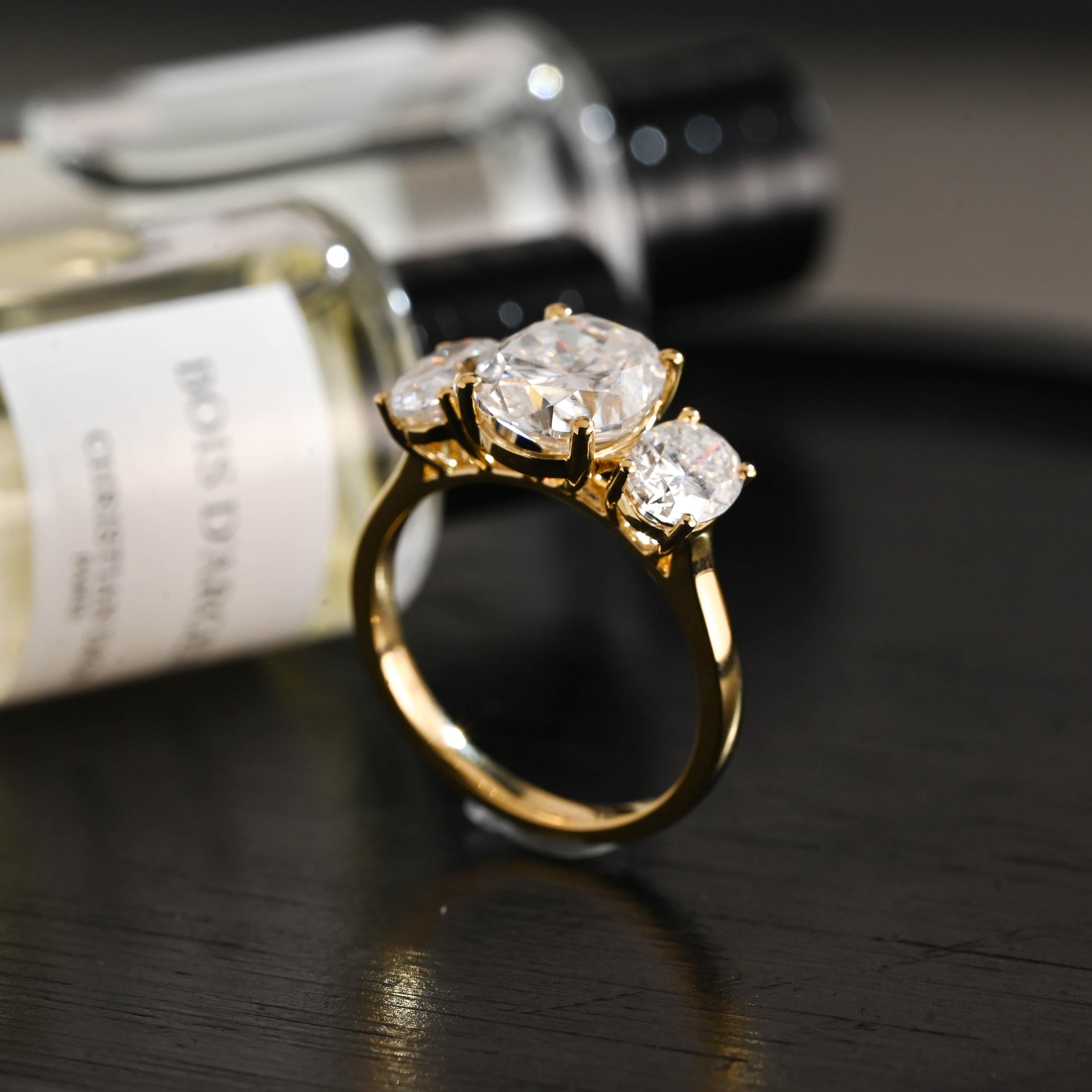 Solid Gold Three Stone Oval Moissanite Engagement Ring, Anniversary Gift Birthday Gift for Women