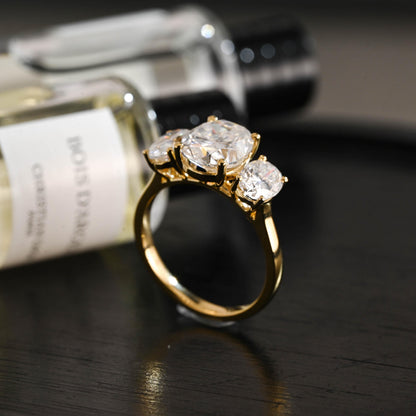 Solid Gold Three Stone Oval Moissanite Engagement Ring, Anniversary Gift Birthday Gift for Women