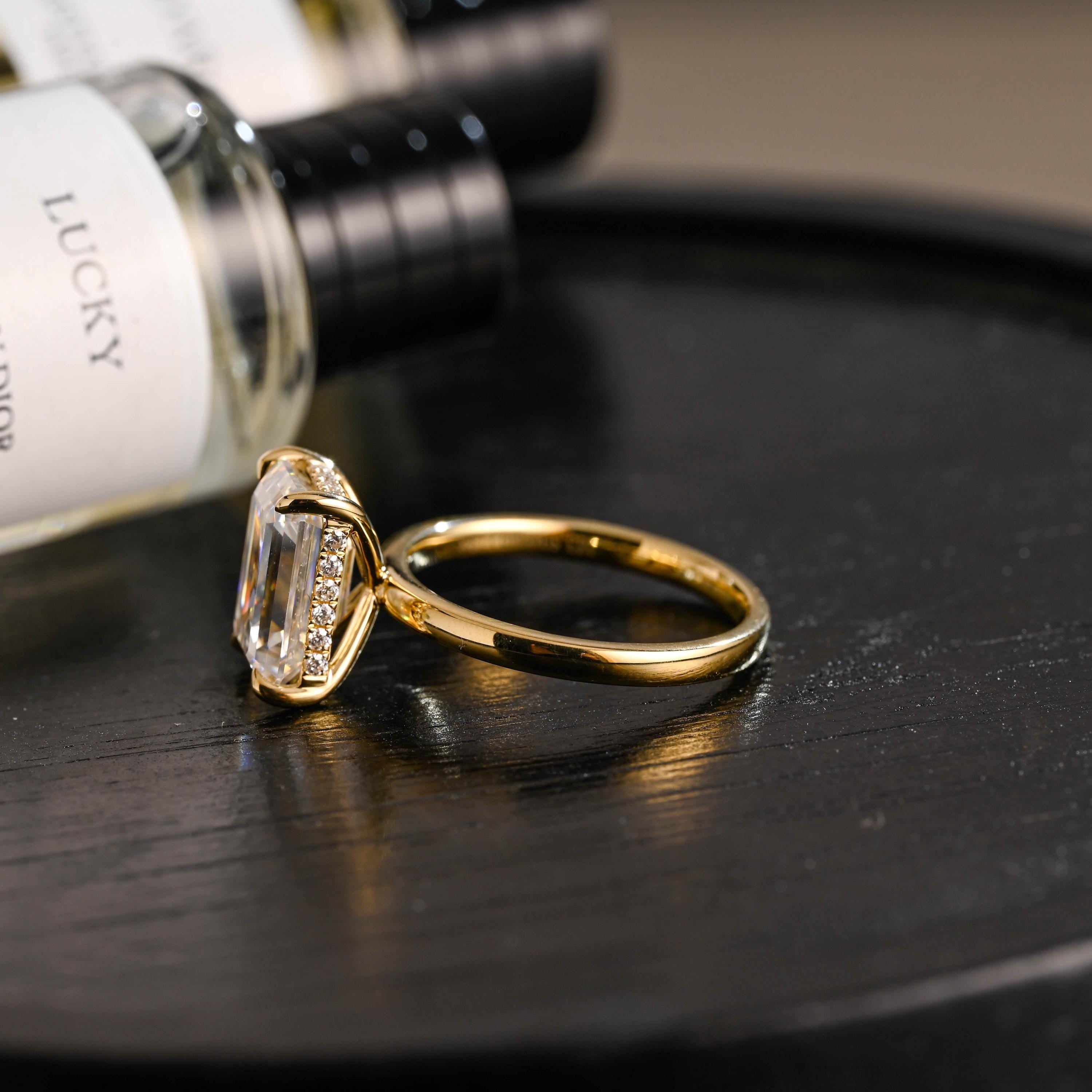 Solid Gold Hidden Halo Emerald Cut Moissanite Engagement Ring, Proposal Ring, Promise Ring, Wedding Ring, Anniversary Gift for Women Wife
