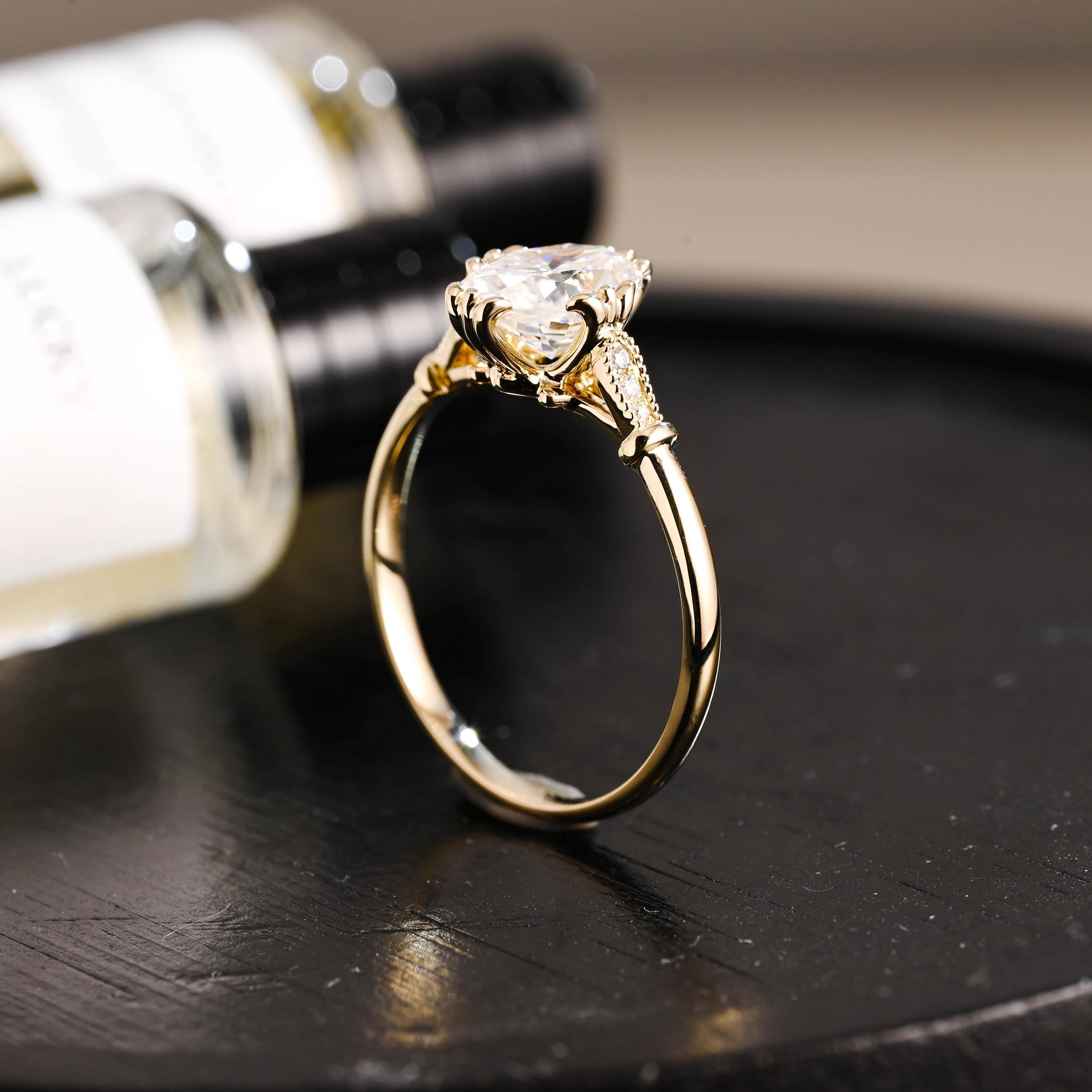 Solid Gold Oval Cut Moissanite Engagement Ring, Anniversary Gift Birthday Gift for Women Wife