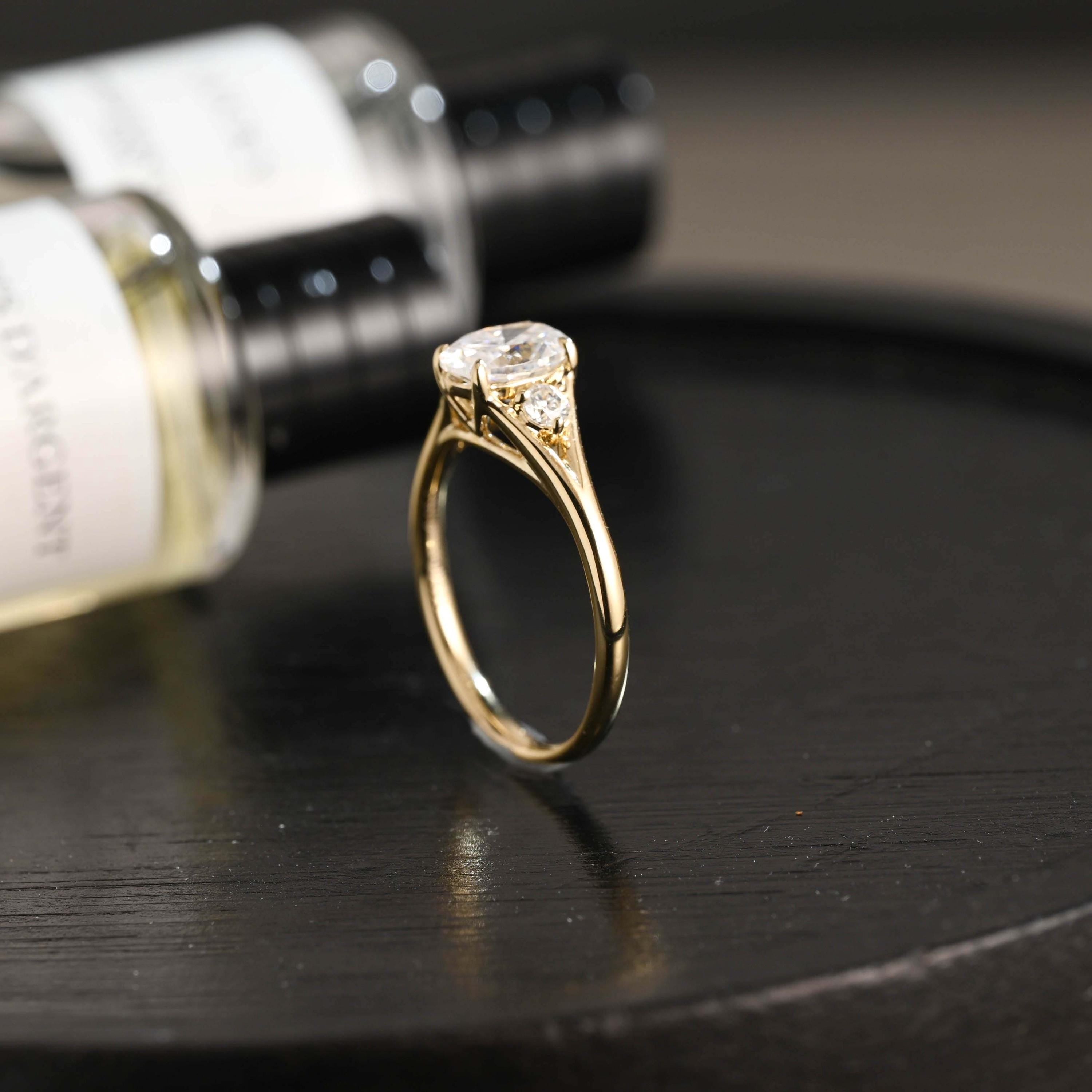 Solid Gold Three Stone Oval Moissanite Engagement Ring, Anniversary Gift Birthday Gift for Women